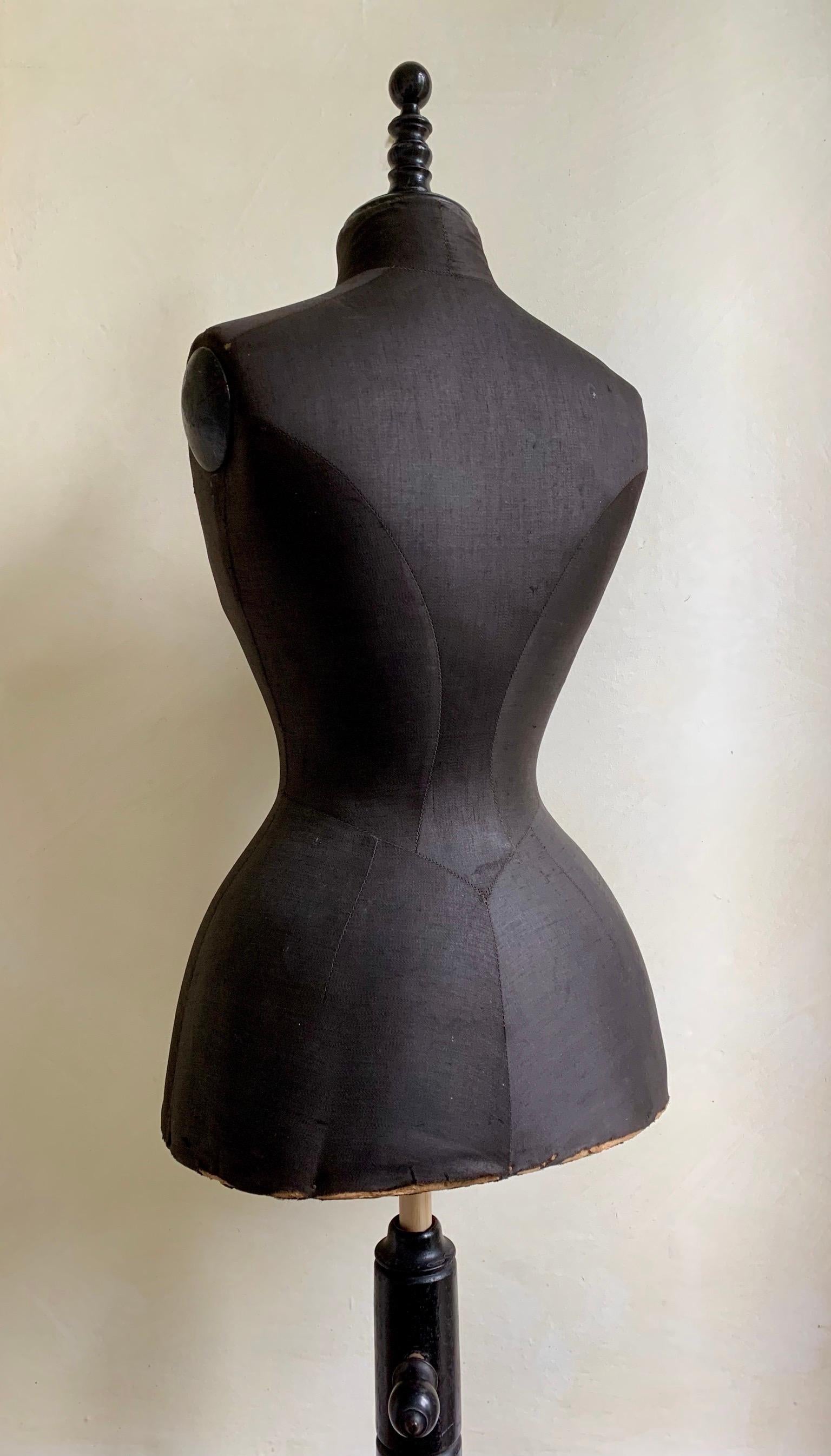 Late Victorian Dressmakers Dummy Mannequin in Original Black Silk Material In Distressed Condition For Sale In London, GB