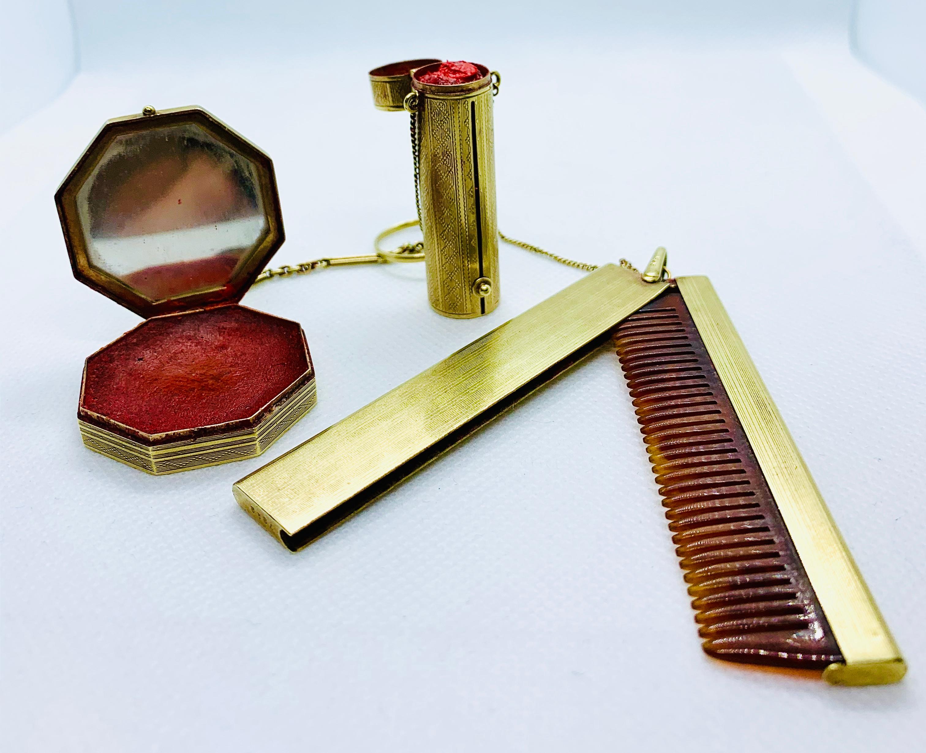 Late Victorian / Early Art Deco 14K YG Purse Vanity Set Lipstick Comb & Compact In Good Condition In Birmingham, AL
