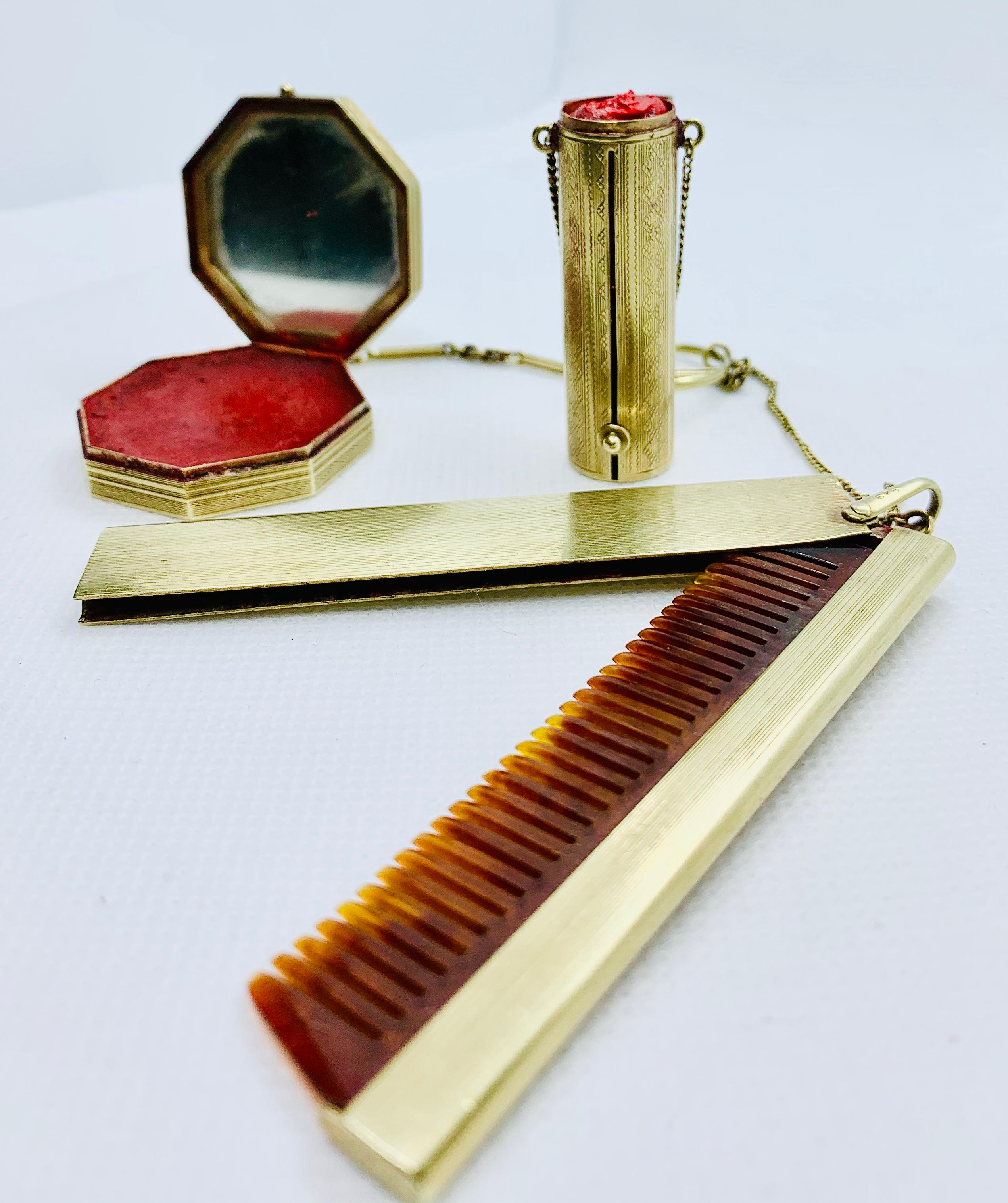 Women's or Men's Late Victorian / Early Art Deco 14K YG Purse Vanity Set Lipstick Comb & Compact