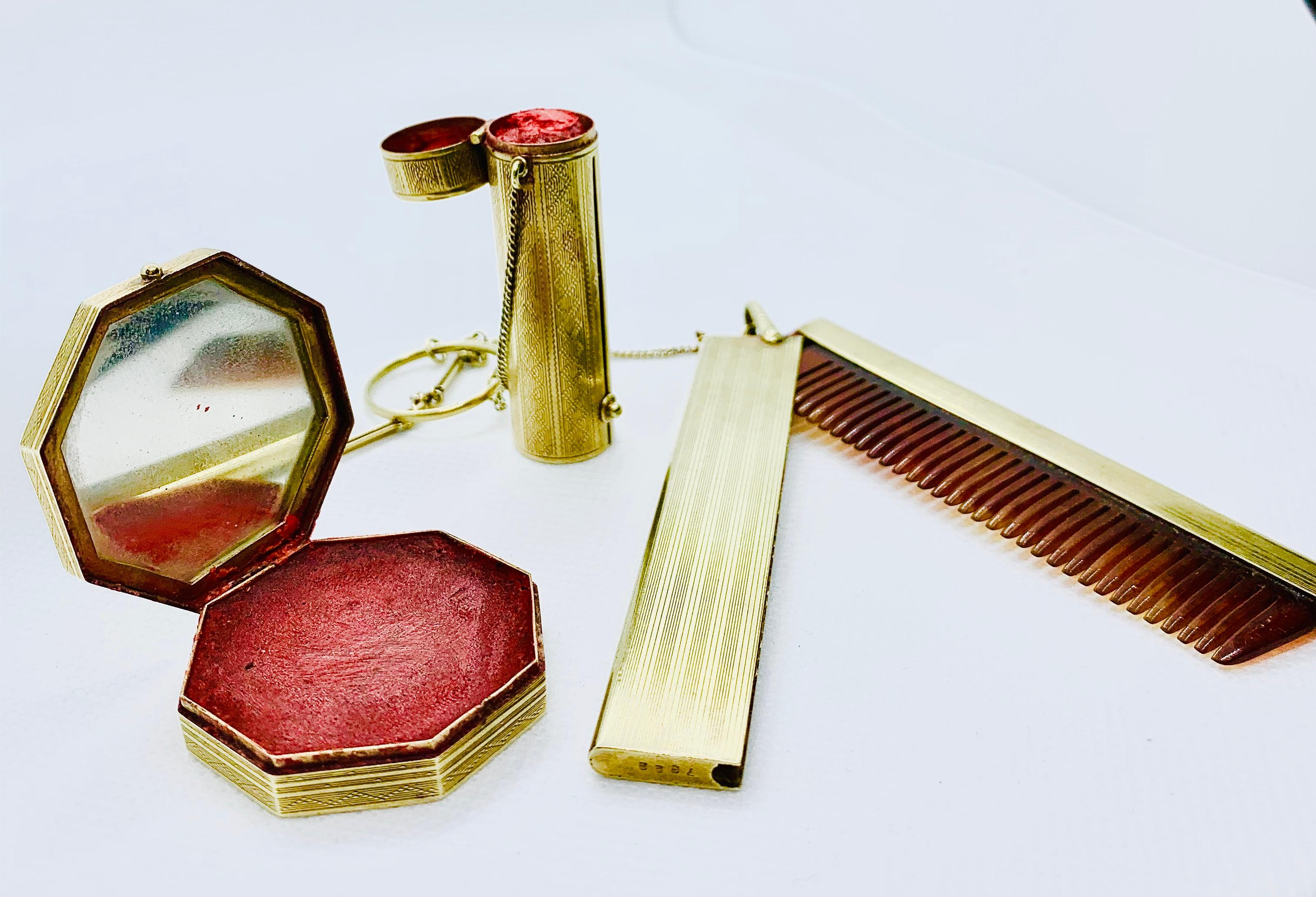 Late Victorian / Early Art Deco 14K YG Purse Vanity Set Lipstick Comb & Compact 1