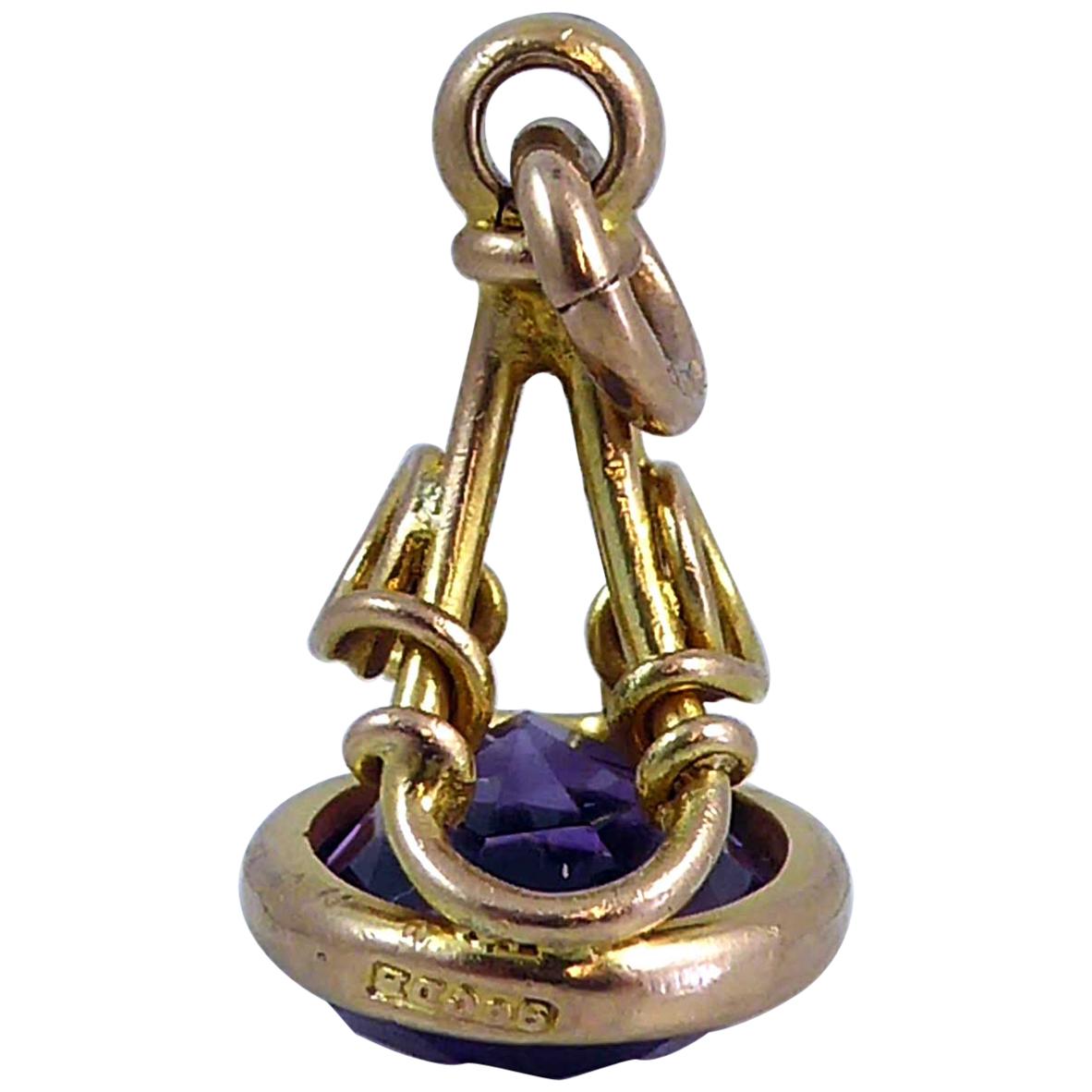 Late Victorian Early Edwardian Antique Gold and Amethyst Pendant Mini Fob