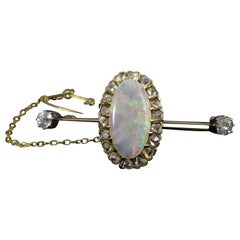 Late Victorian/Early Edwardian Opal and Diamond Bar Brooch, 15ct Gold and Silver
