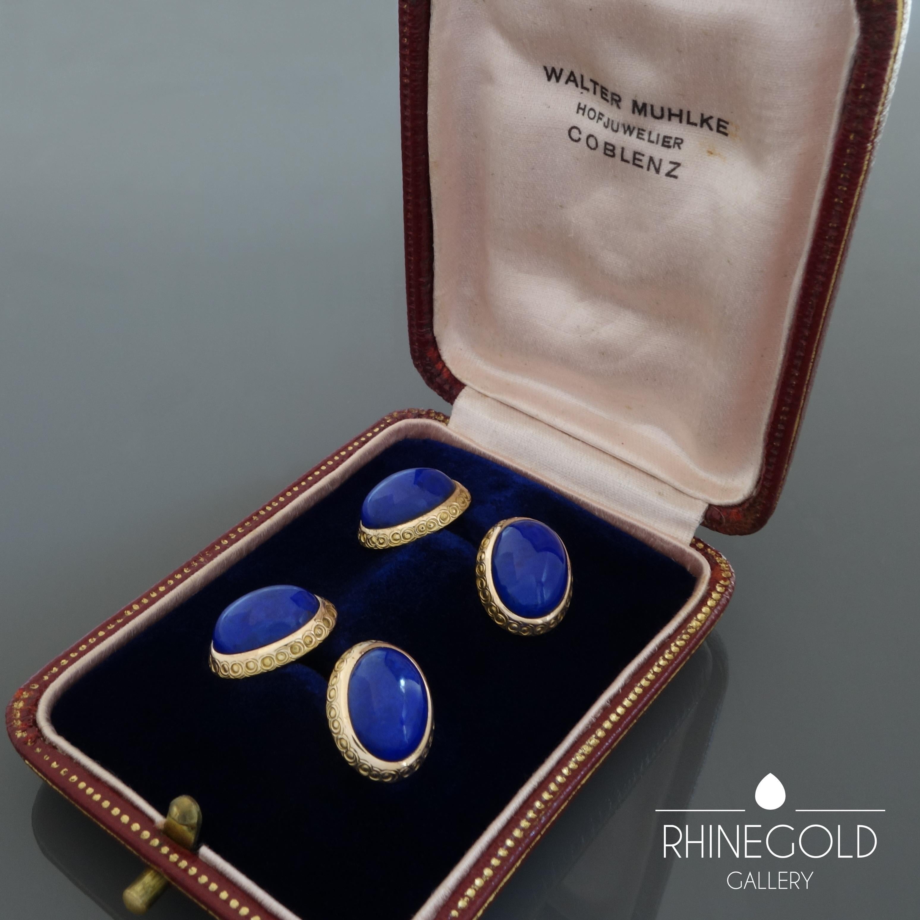 Oval Cut Late Victorian Edwardian Lapis Lazuli Gold Double-Cufflinks in Original Case