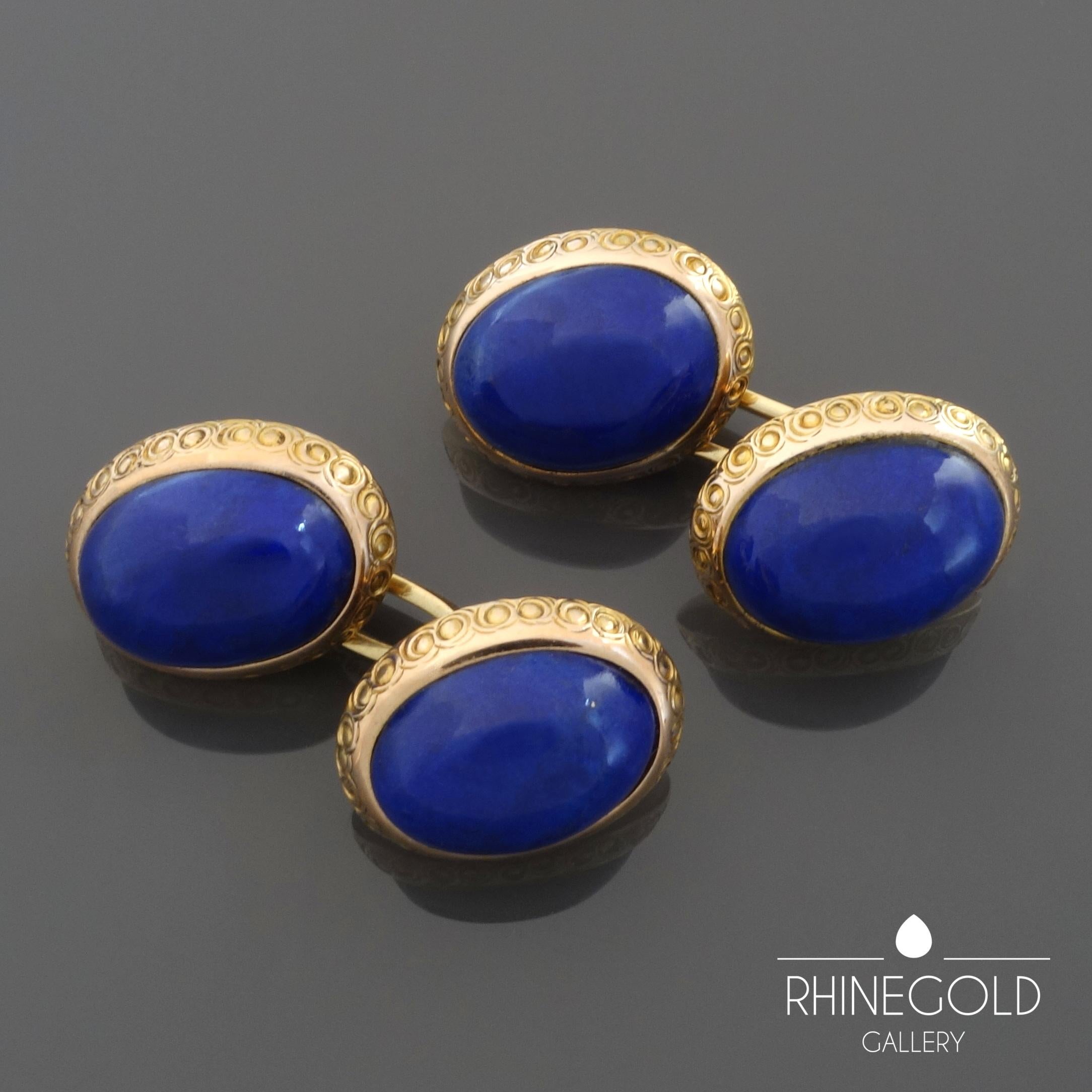 Women's or Men's Late Victorian Edwardian Lapis Lazuli Gold Double-Cufflinks in Original Case