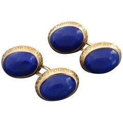 Late Victorian Edwardian Lapis Lazuli Gold Double-Cufflinks in Original Case