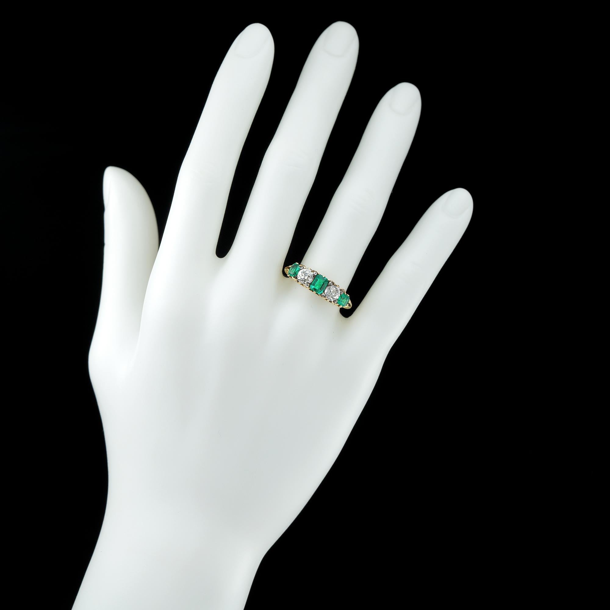 Late Victorian Emerald and Diamond Carved Half Hoop Ring In Good Condition In London, GB