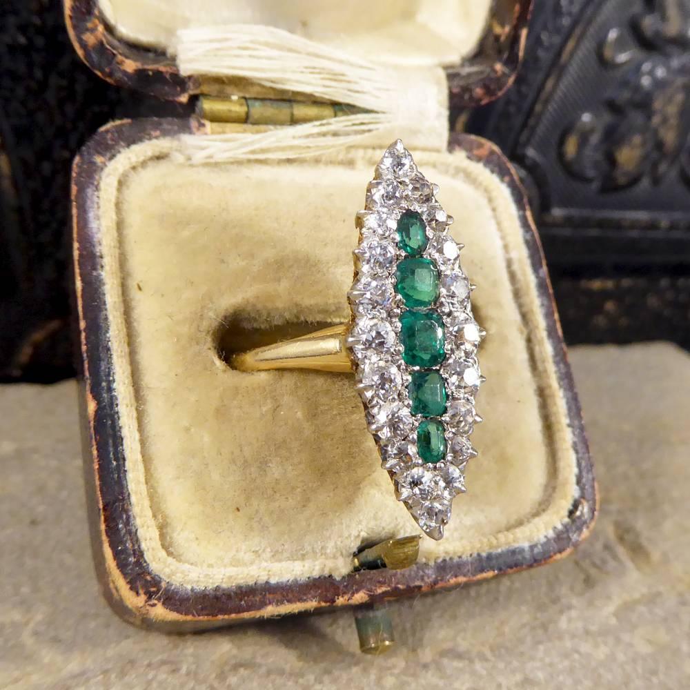Late Victorian Emerald and Diamond Cluster Marquise Ring in 18 Carat Gold 6