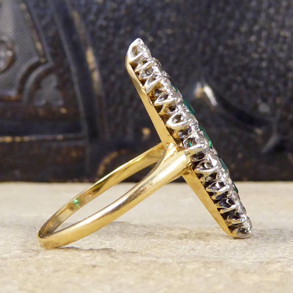 Late Victorian Emerald and Diamond Cluster Marquise Ring in 18 Carat Gold In Good Condition In Yorkshire, West Yorkshire