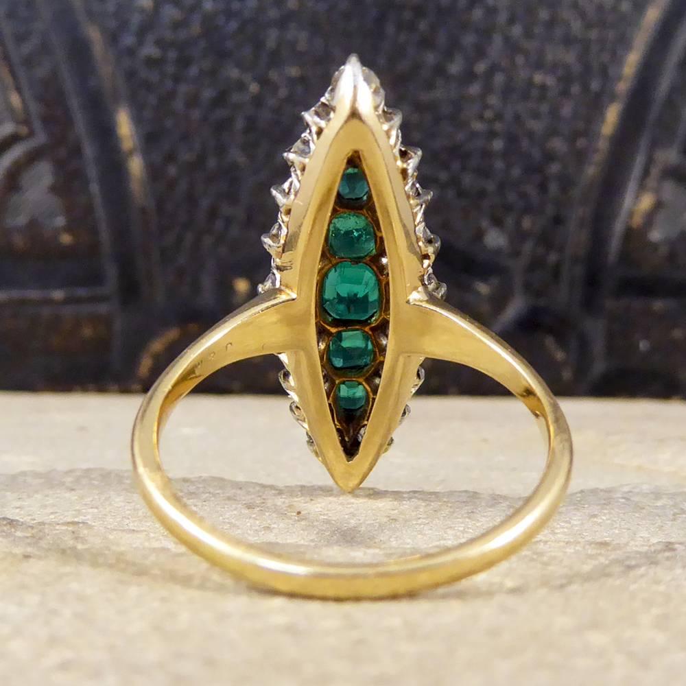 Women's Late Victorian Emerald and Diamond Cluster Marquise Ring in 18 Carat Gold