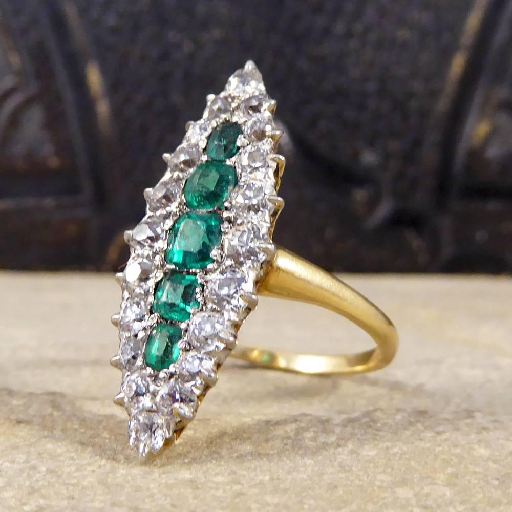 Late Victorian Emerald and Diamond Cluster Marquise Ring in 18 Carat Gold 1