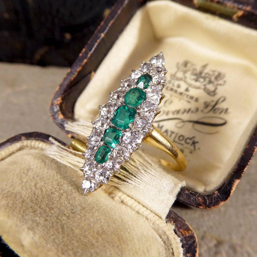 Late Victorian Emerald and Diamond Cluster Marquise Ring in 18 Carat Gold 4