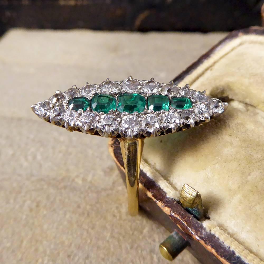 Late Victorian Emerald and Diamond Cluster Marquise Ring in 18 Carat Gold 5