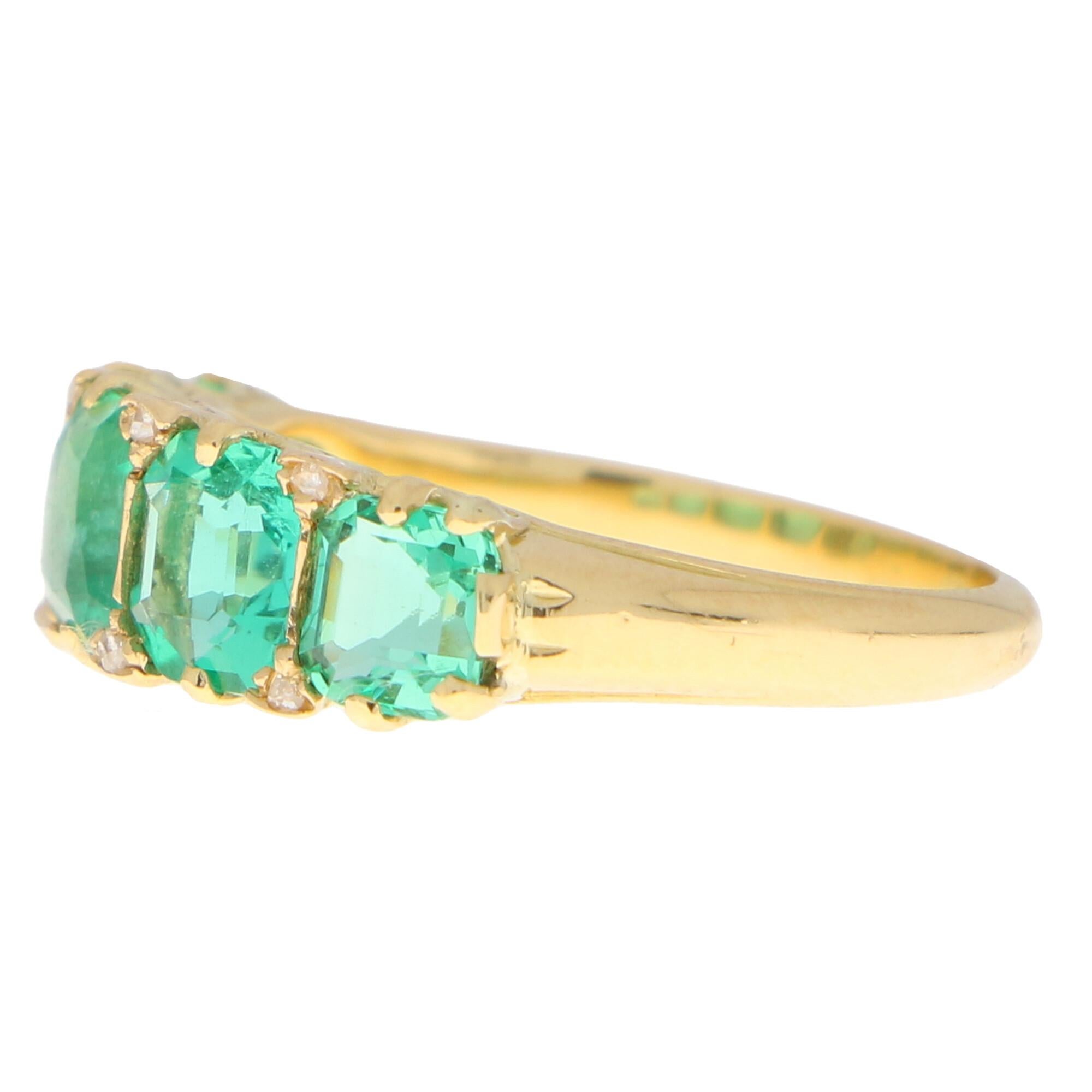 Women's or Men's Late Victorian Emerald and Diamond Five Stone Ring Set in 18k Yellow Gold