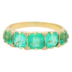 Late Victorian Emerald and Diamond Five Stone Ring Set in 18k Yellow Gold