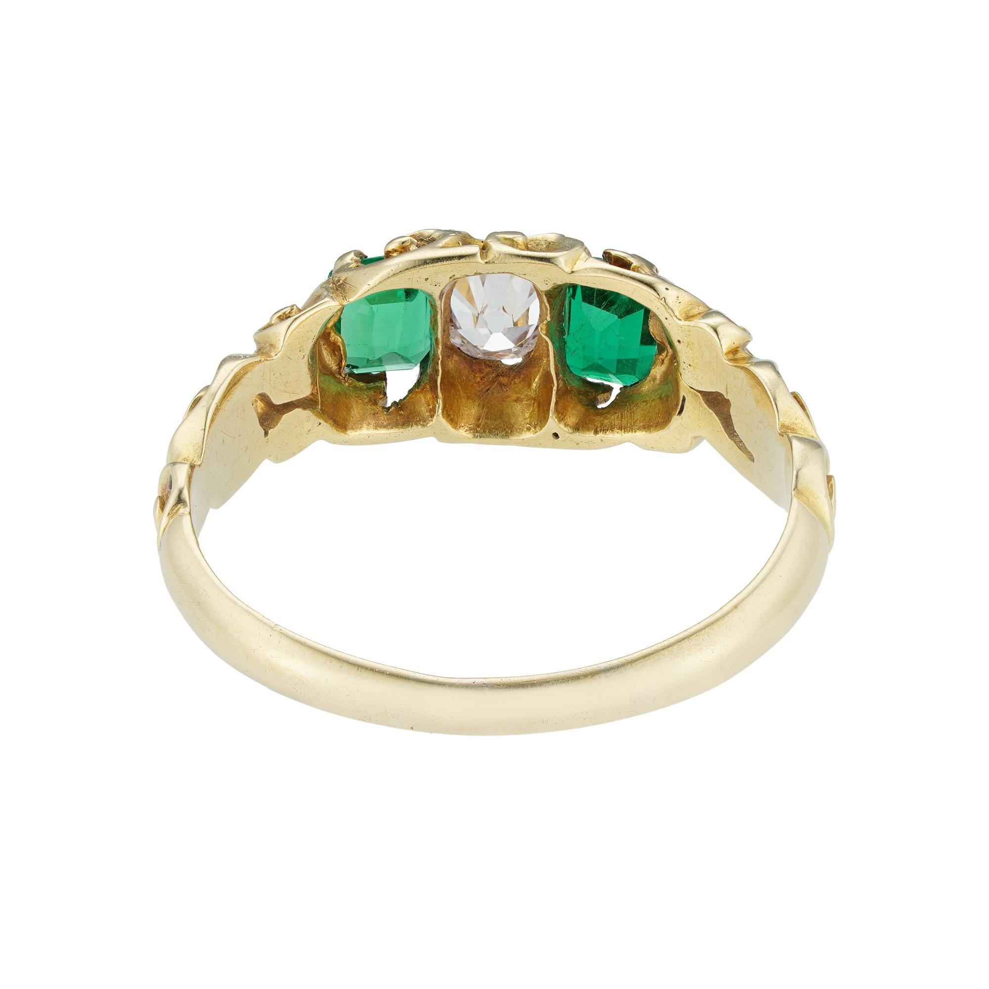 Brilliant Cut Late Victorian Emerald and Diamond Three-Stone Ring For Sale