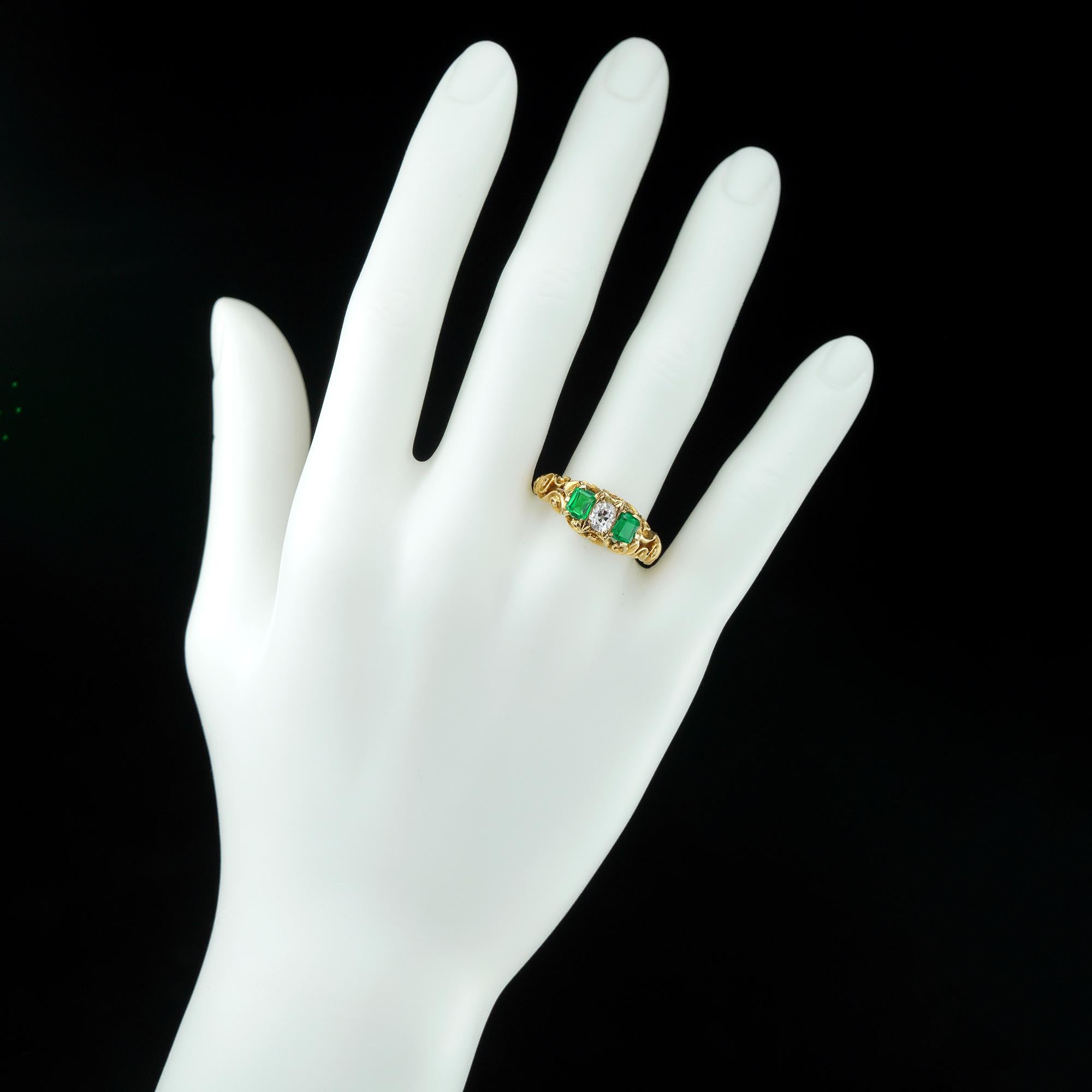 Women's Late Victorian Emerald and Diamond Three-Stone Ring For Sale