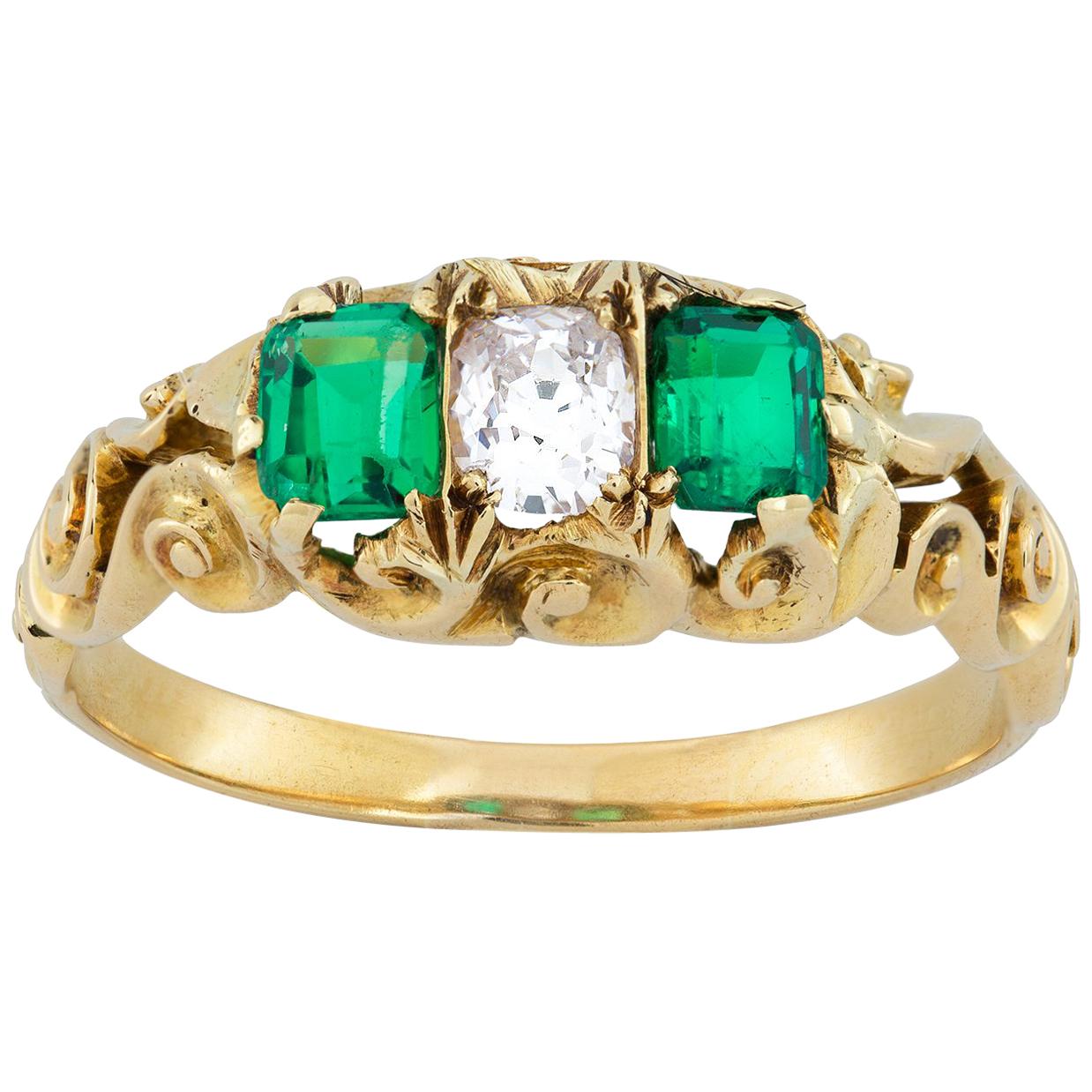 Late Victorian Emerald and Diamond Three-Stone Ring For Sale