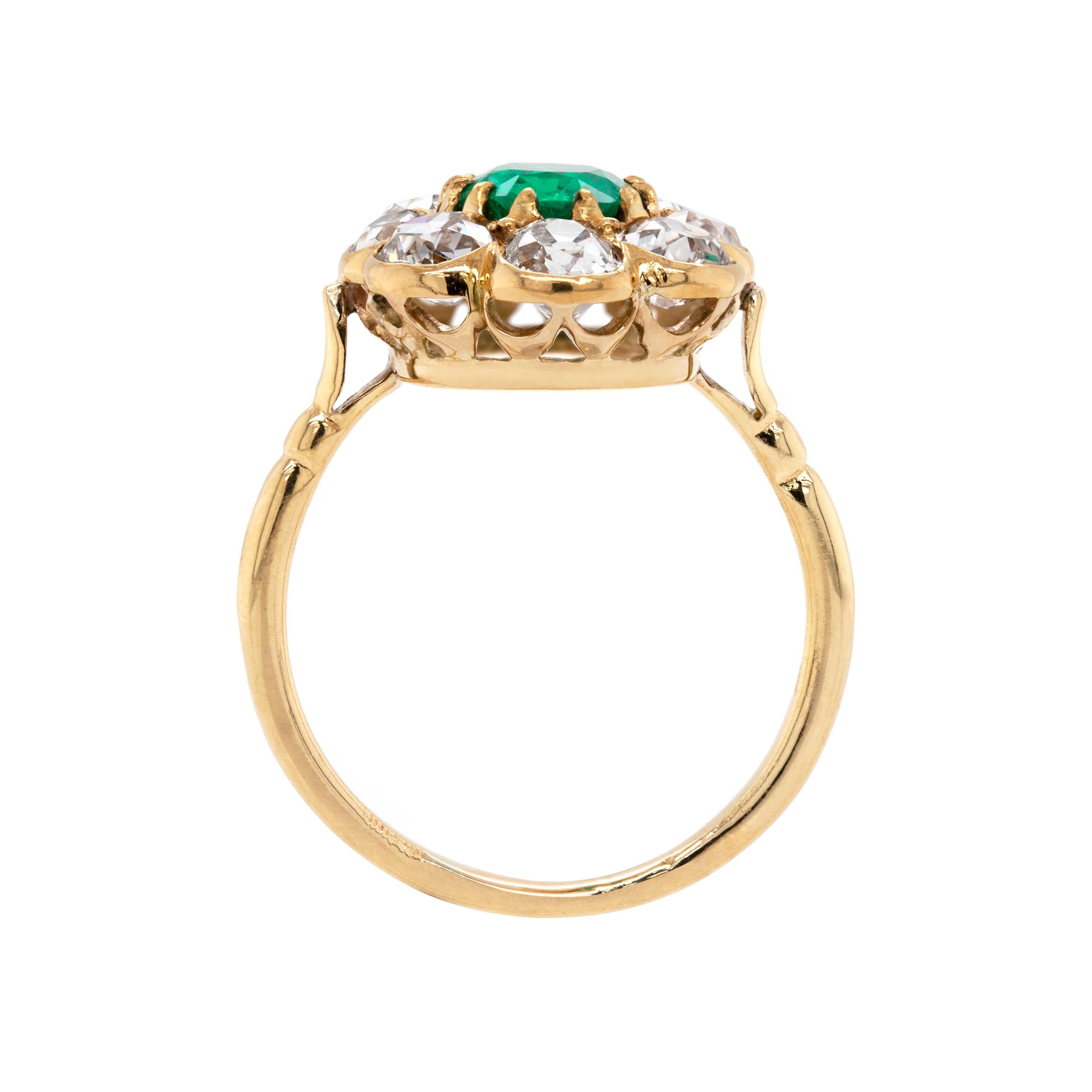 Old Mine Cut Late Victorian Emerald and Old Cut Diamond 18ct Gold Cluster Ring, Circa 1890