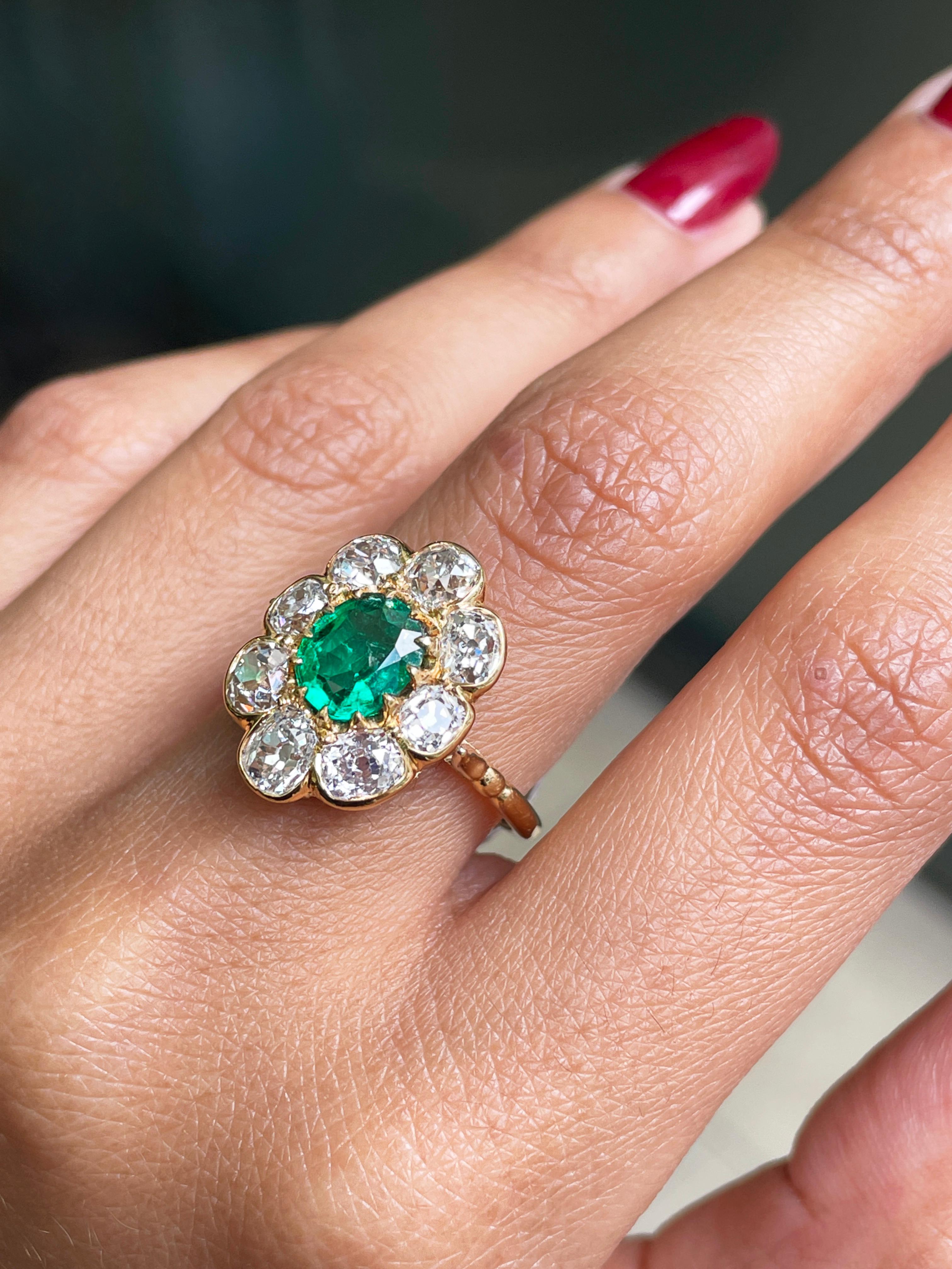 Women's Late Victorian Emerald and Old Cut Diamond 18ct Gold Cluster Ring, Circa 1890
