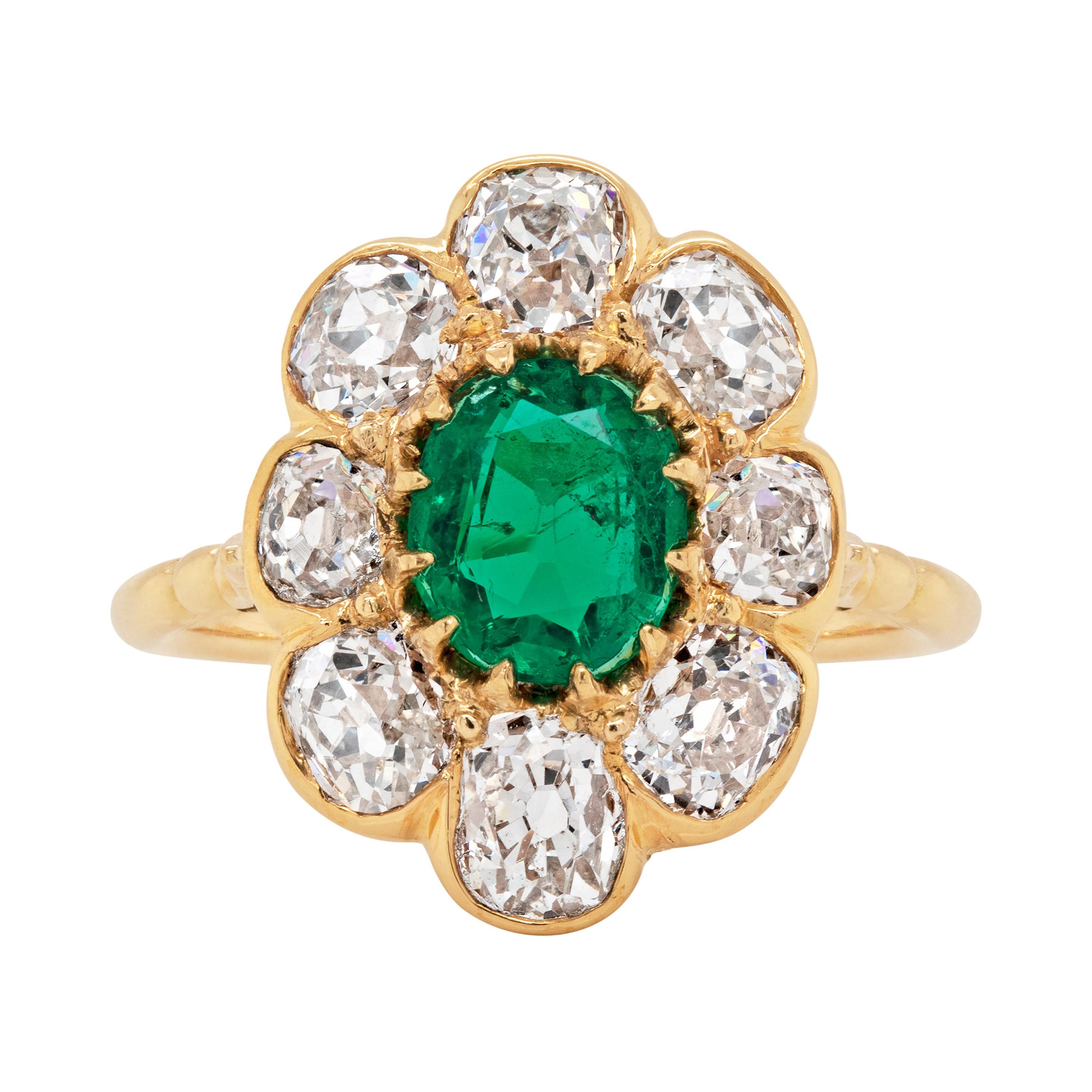 Late Victorian Emerald and Old Cut Diamond 18ct Gold Cluster Ring, Circa 1890