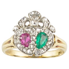 Late Victorian Emerald, Ruby and Diamond Twin Heart Ring