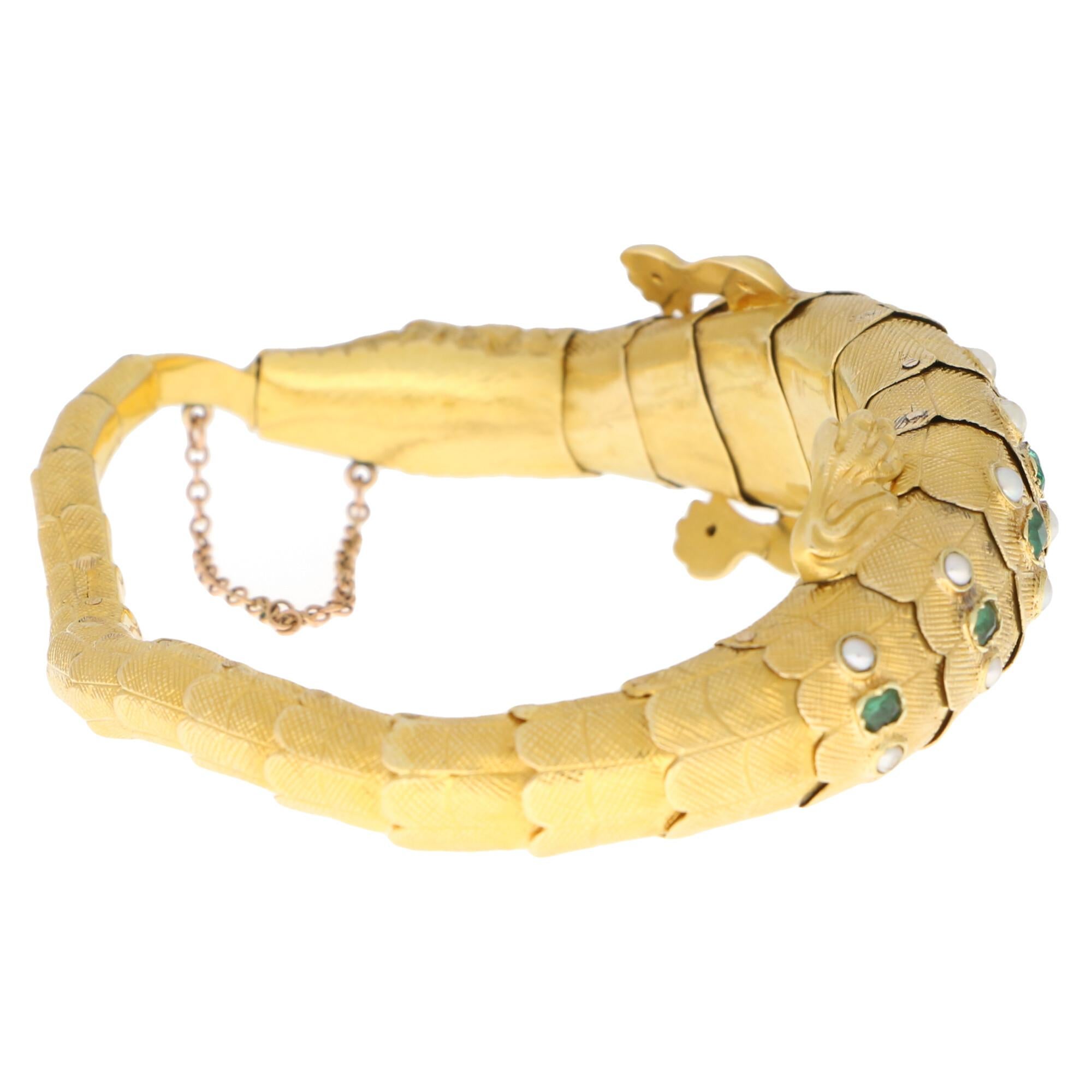 Late Victorian Emerald, Ruby and Pearl Salamander Bracelet in 18k Yellow Gold 6