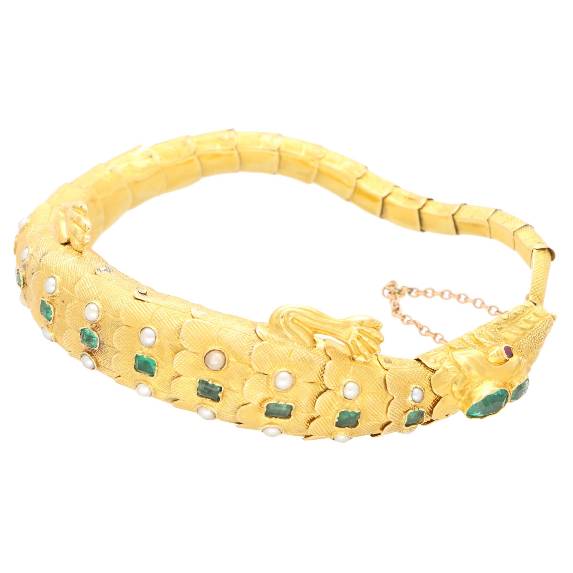 Women's or Men's Late Victorian Emerald, Ruby and Pearl Salamander Bracelet in 18k Yellow Gold