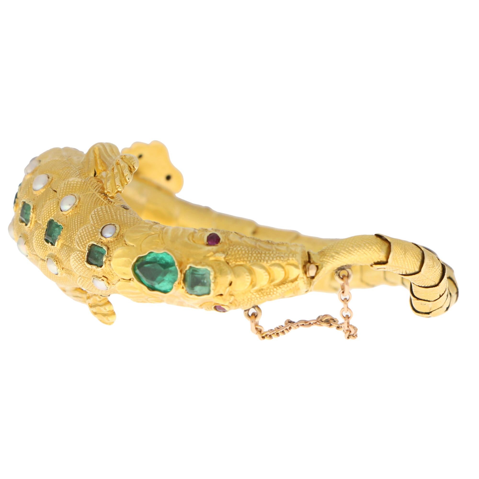 Late Victorian Emerald, Ruby and Pearl Salamander Bracelet in 18k Yellow Gold 1