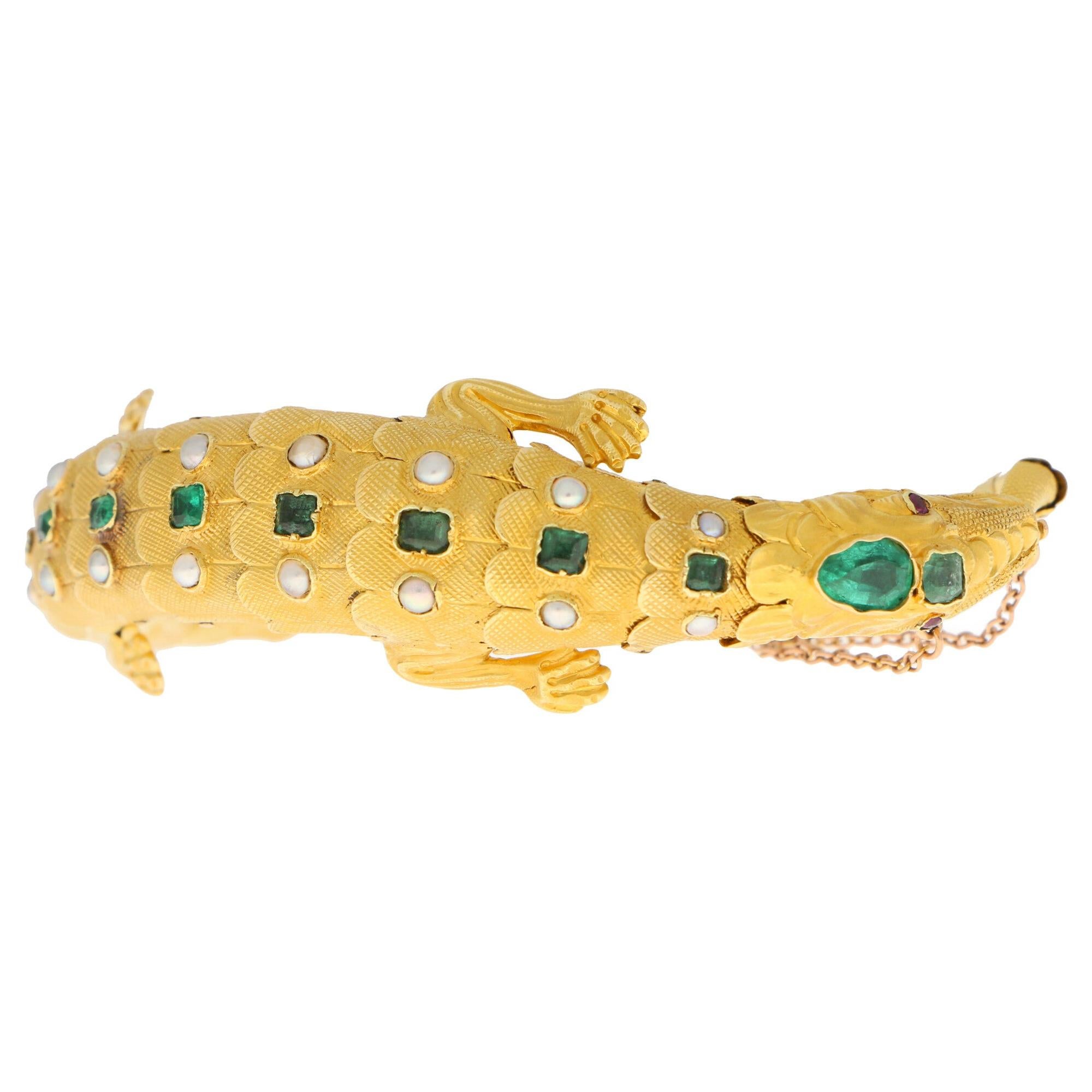Late Victorian Emerald, Ruby and Pearl Salamander Bracelet in 18k Yellow Gold