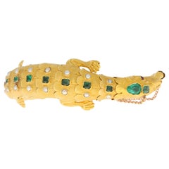 Late Victorian Emerald, Ruby and Pearl Salamander Bracelet in 18k Yellow Gold