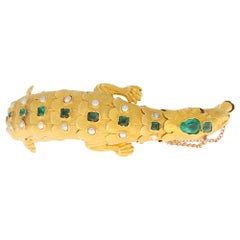 Late Victorian Emerald, Ruby and Pearl Salamander Bracelet in 18k Yellow Gold