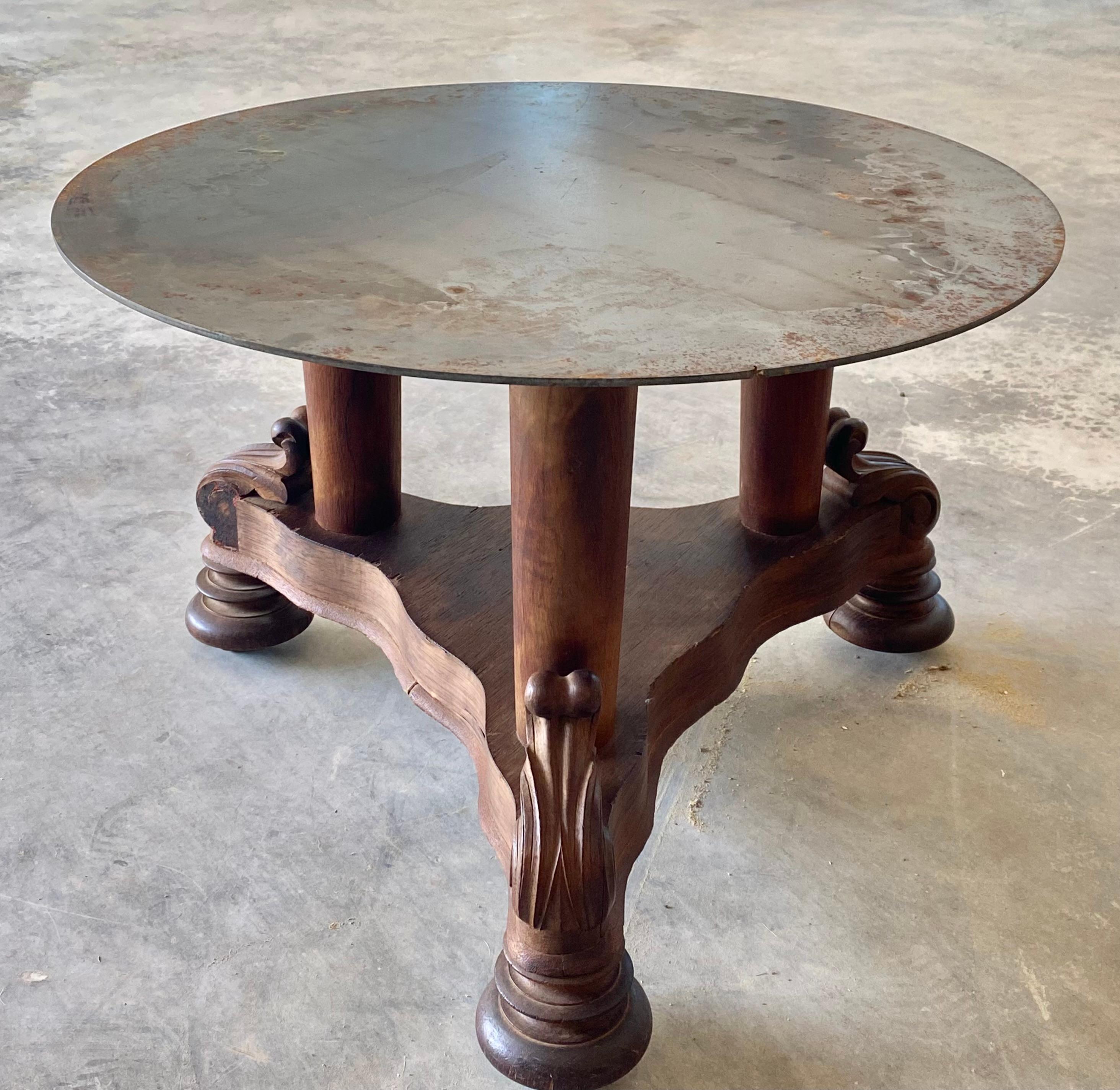 Victorian Coffee Table + Round Steel Top on Brass Casters in vendita 6
