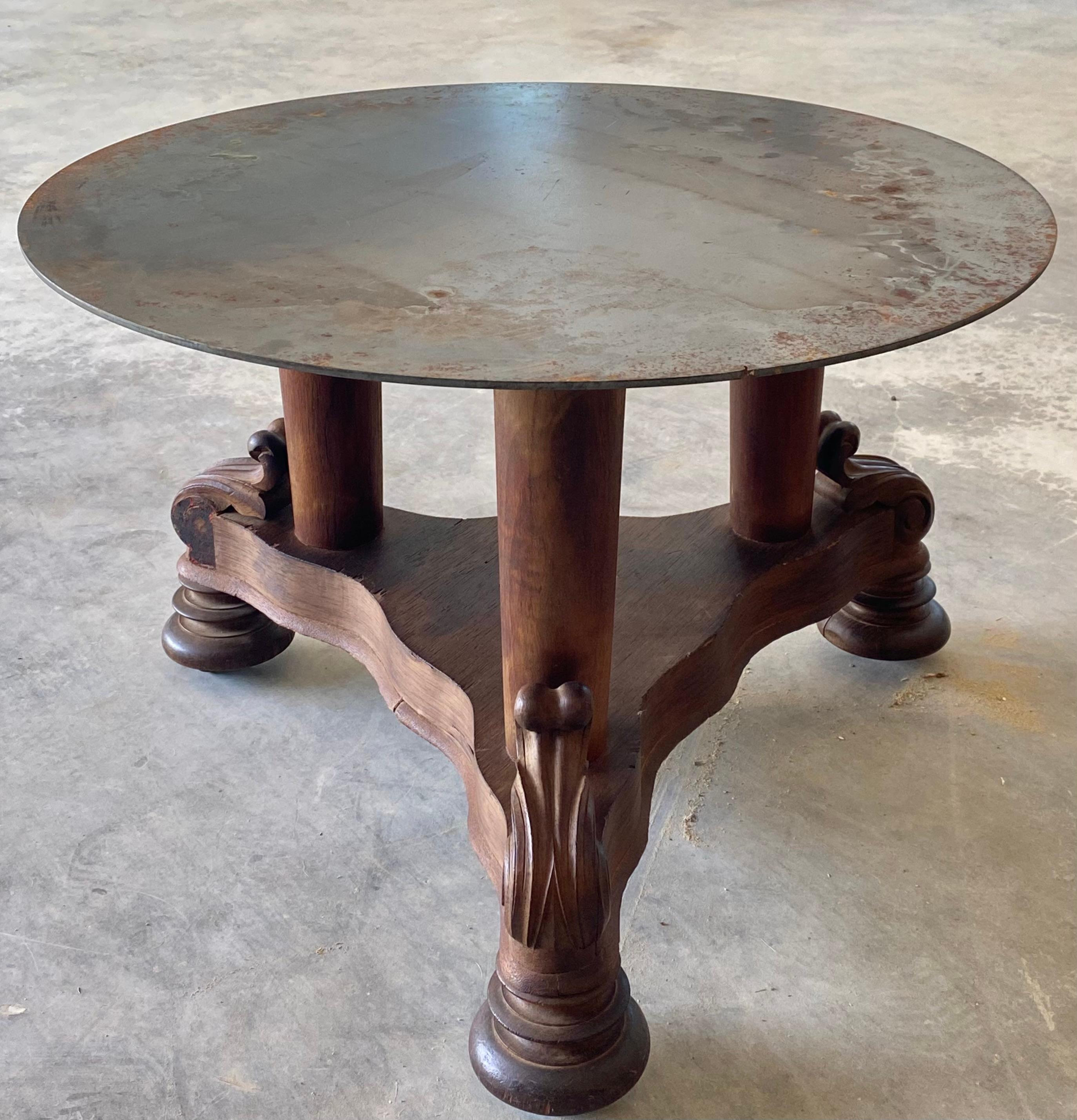 Victorian Coffee Table + Round Steel Top on Brass Casters in vendita 7