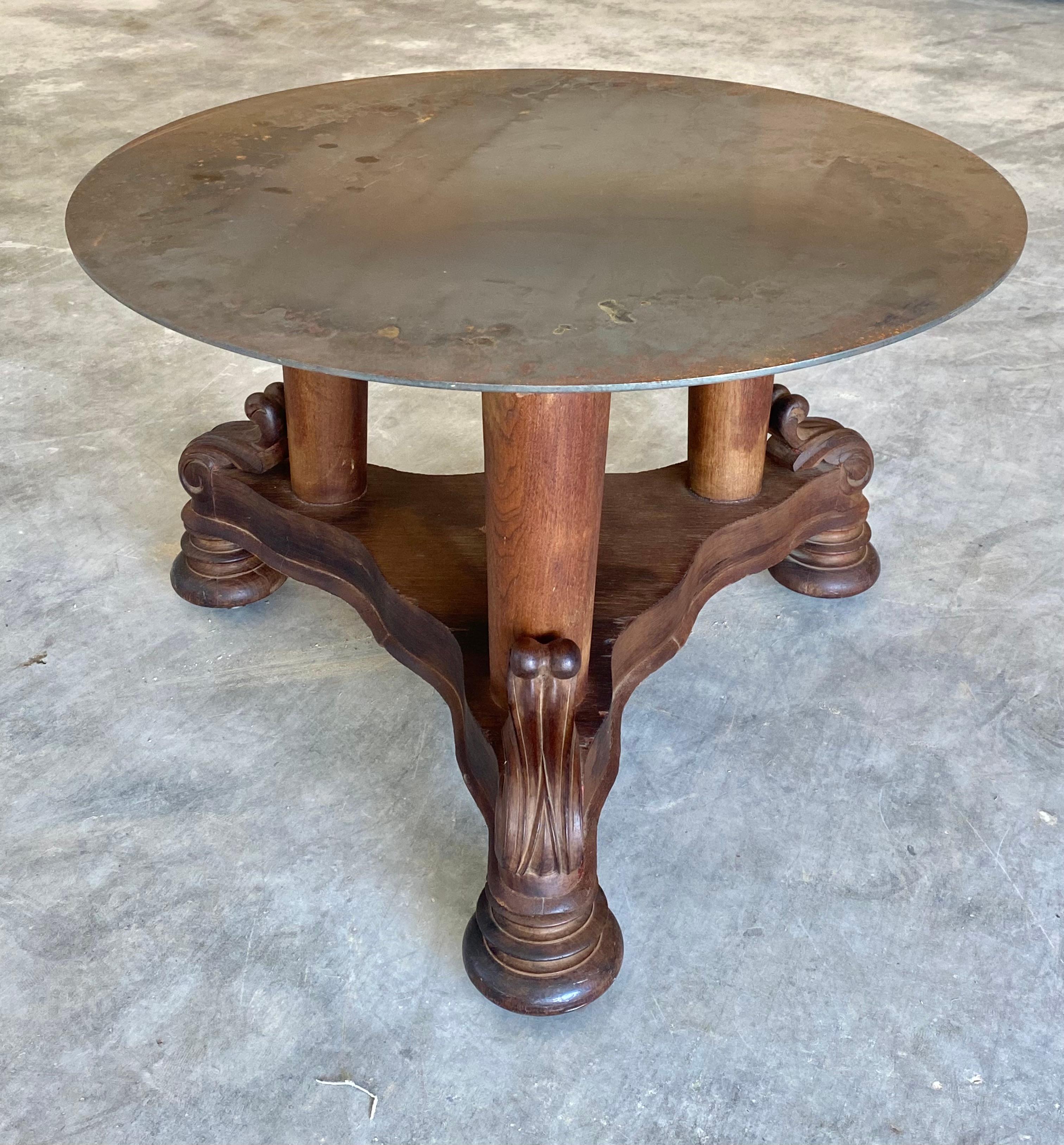 Victorian Coffee Table + Round Steel Top on Brass Casters in vendita 8