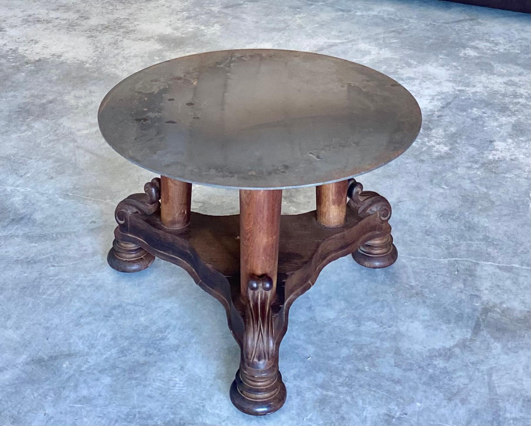 Victorian Coffee Table + Round Steel Top on Brass Casters in vendita 9