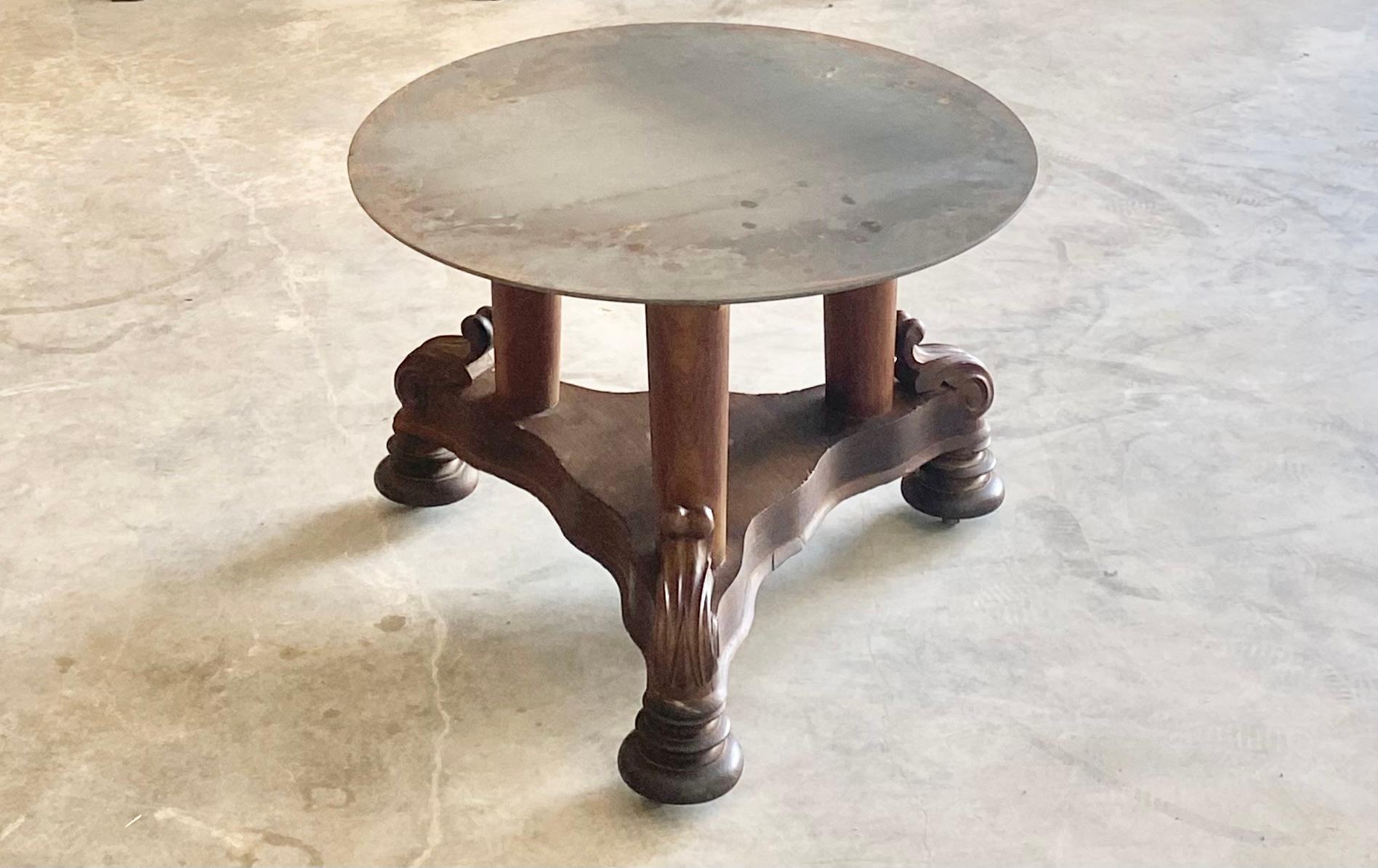Victorian Coffee Table + Round Steel Top on Brass Casters in vendita 10
