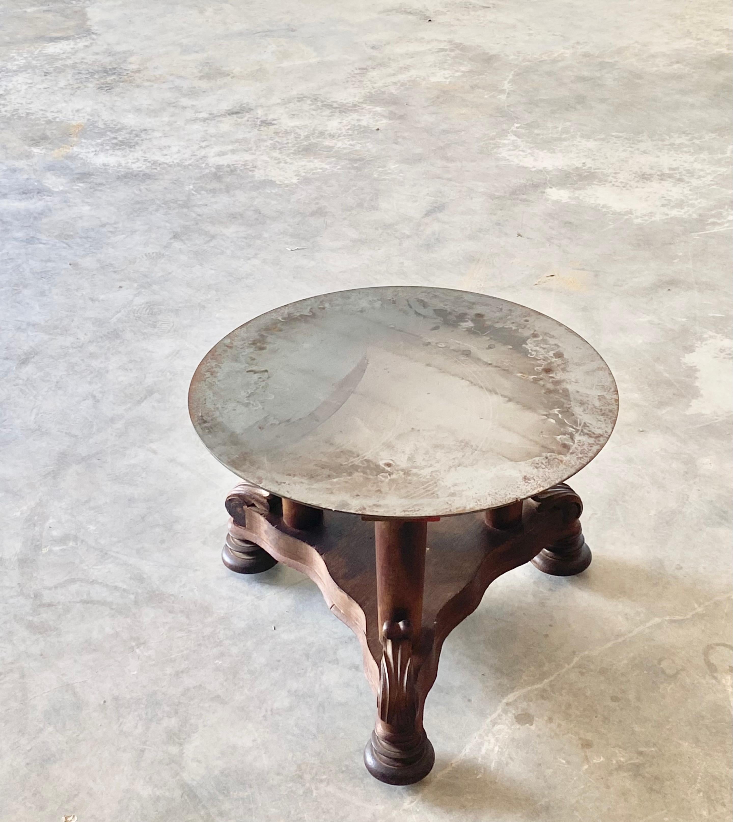 Victorian Coffee Table + Round Steel Top on Brass Casters in vendita 12