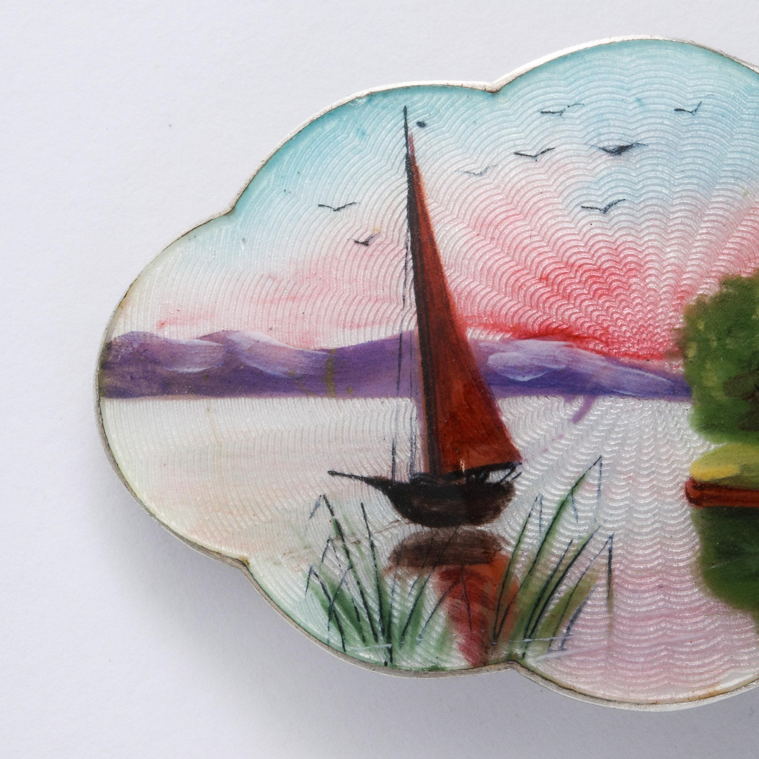 Late Victorian Enamel Guilloche Silver Brooch with Landscape Scene In Good Condition For Sale In New York, NY