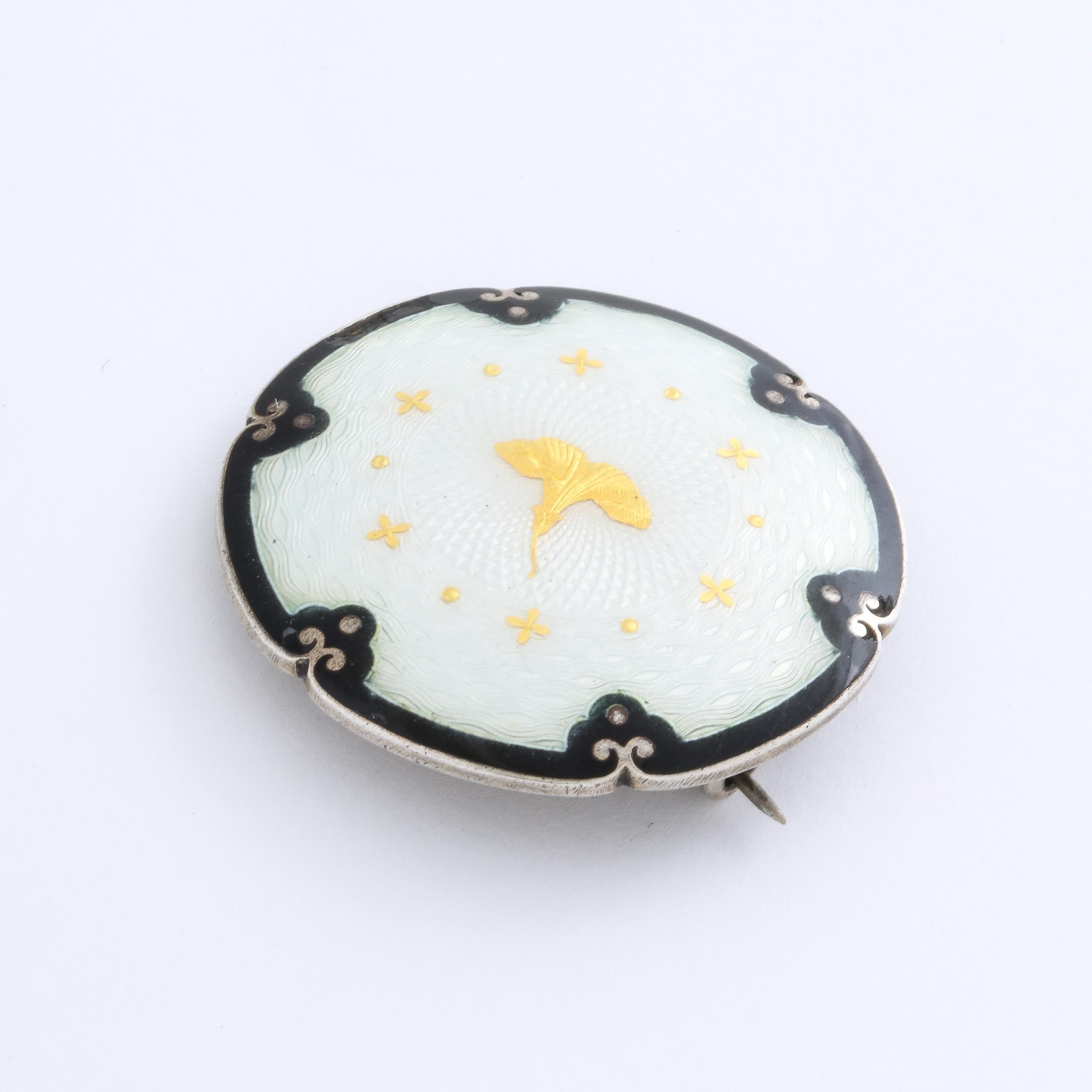 Late Victorian Enamel Guilloche Sterling Silver Brooch with Morning Glory In Good Condition For Sale In New York, NY