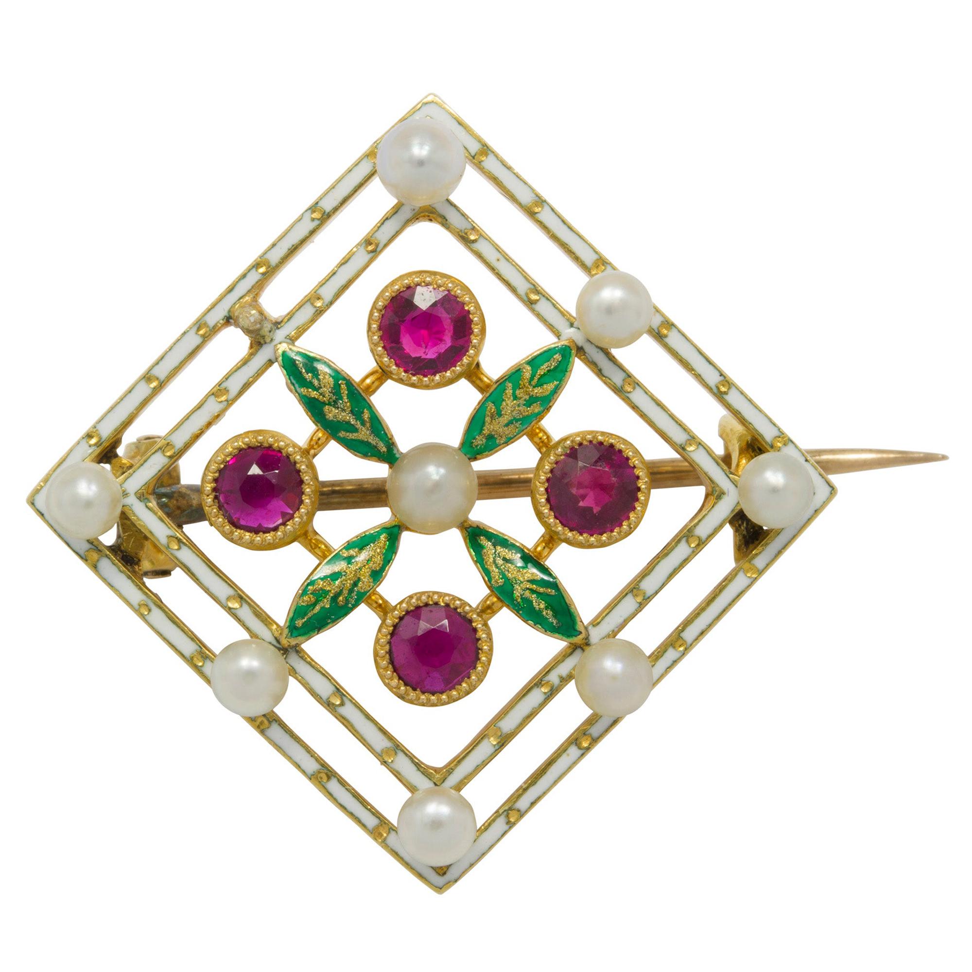 Late Victorian Enamel Pearl and Ruby Brooch