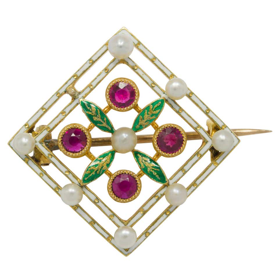 Late Victorian Enamel Pearl and Ruby Brooch at 1stDibs