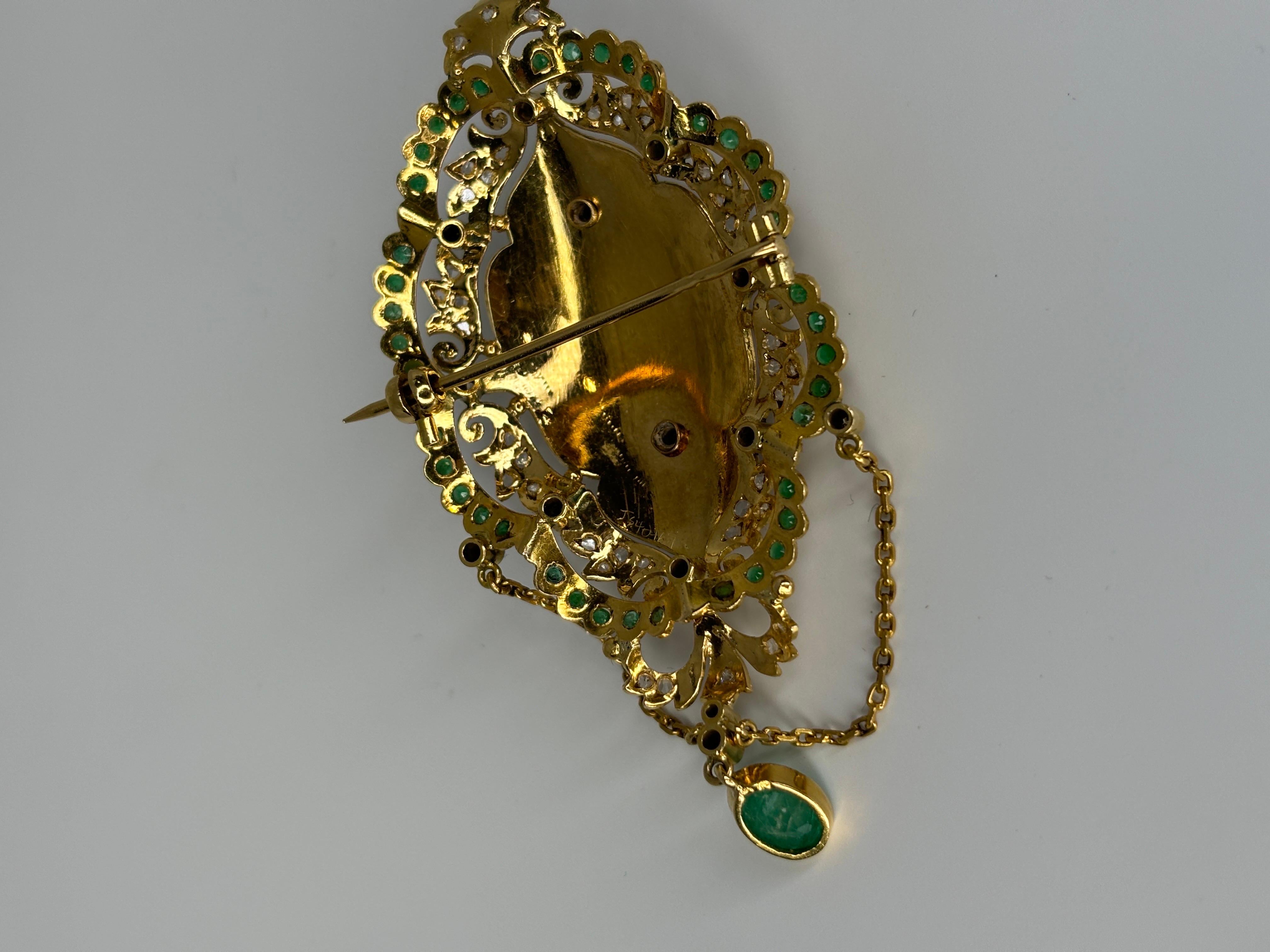 Late Victorian Enameled 14k Gold Brooch With Emerald and Diamond For Sale 5