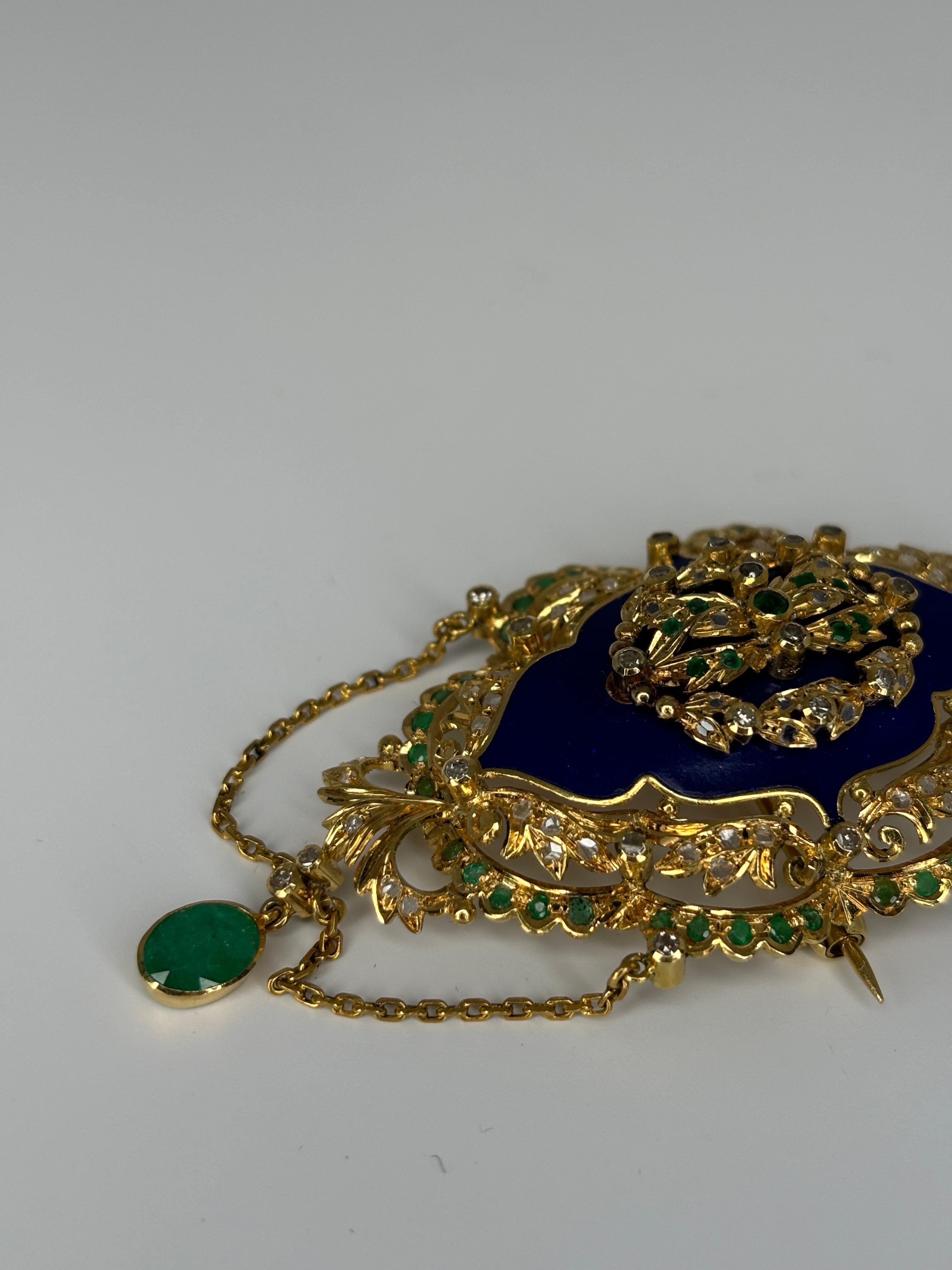 Late Victorian Enameled 14k Gold Brooch With Emerald and Diamond For Sale 6