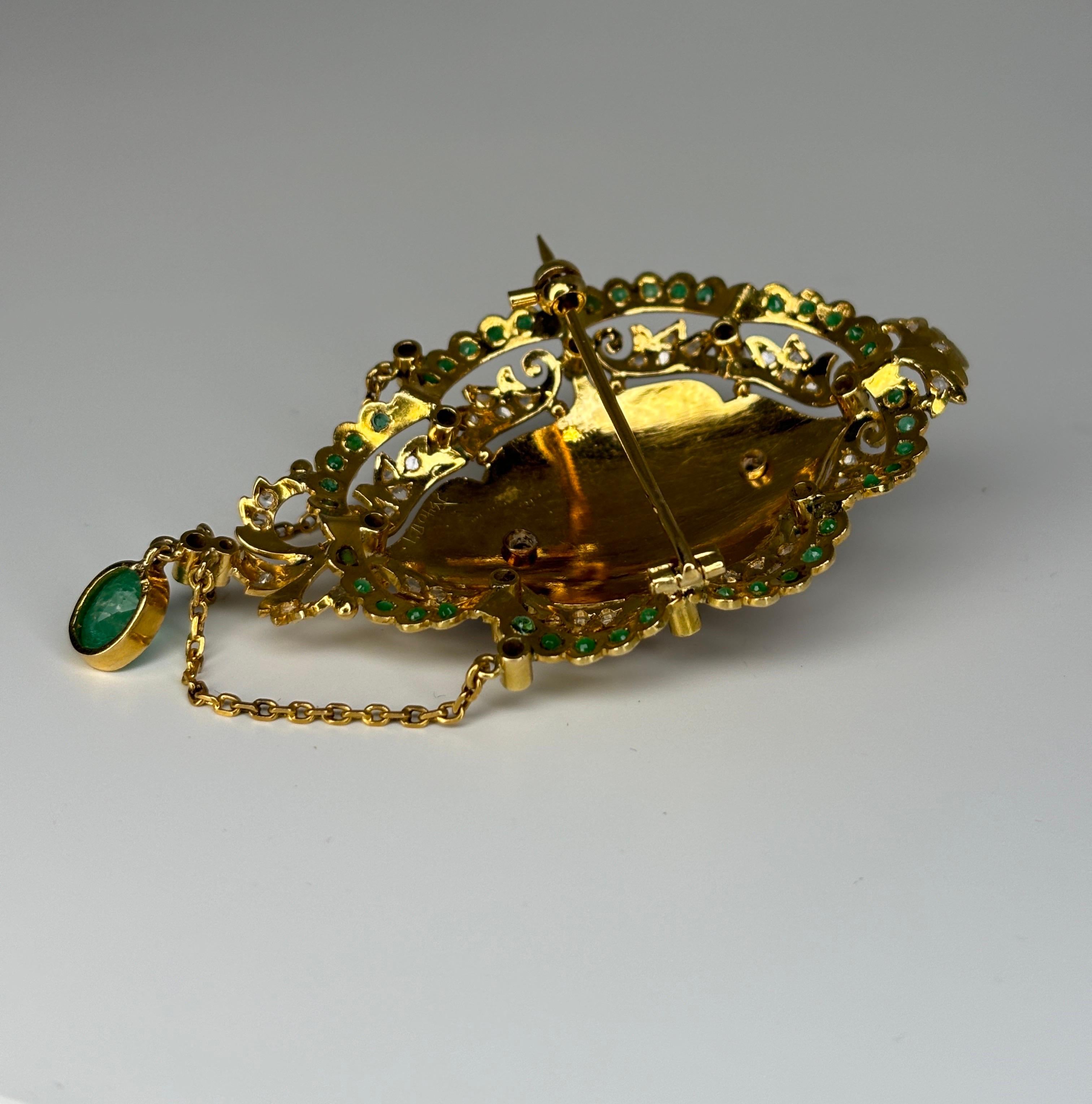 Late Victorian Enameled 14k Gold Brooch With Emerald and Diamond For Sale 7