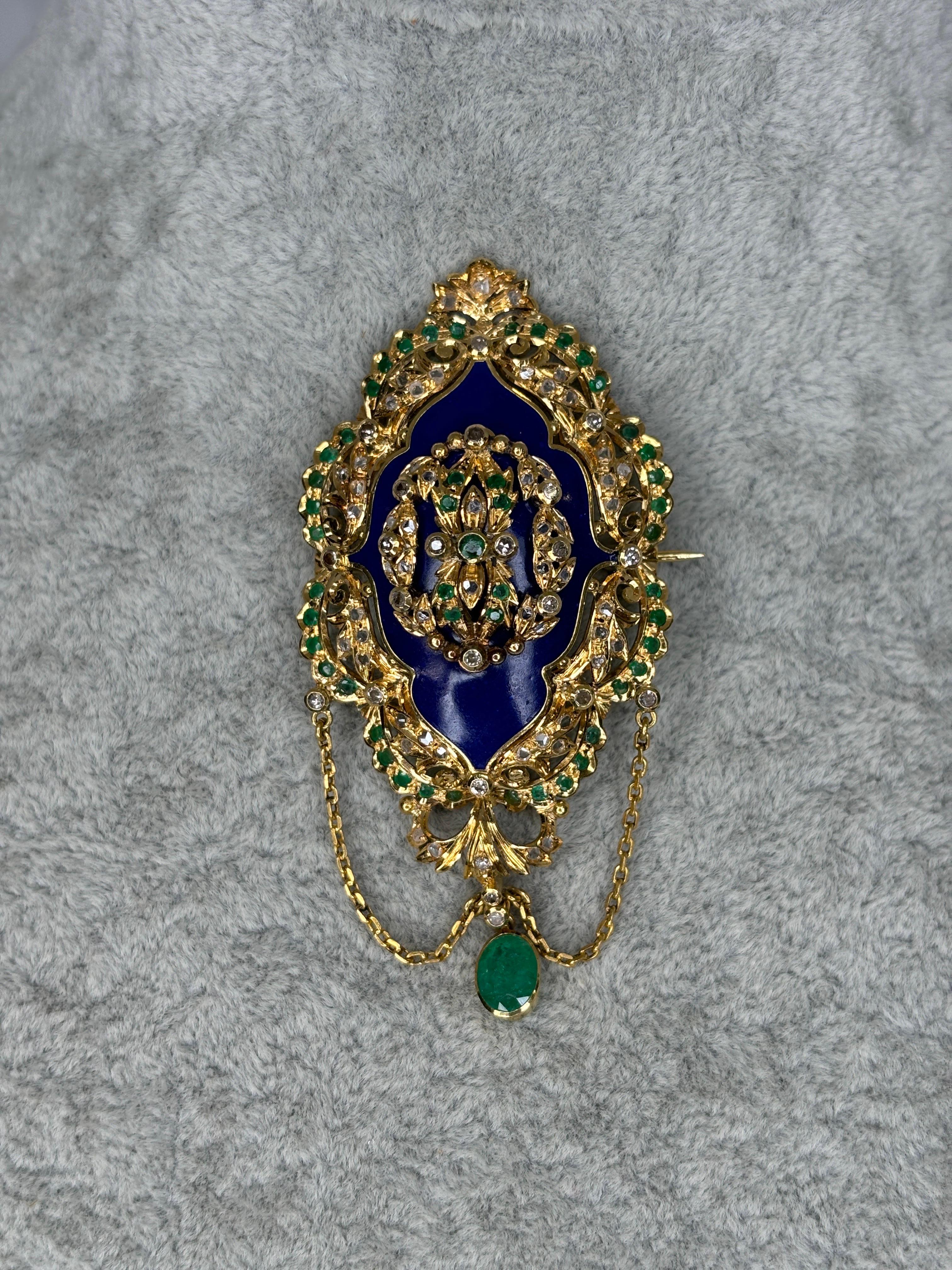 Late Victorian Enameled 14k Gold Brooch With Emerald and Diamond For Sale 8