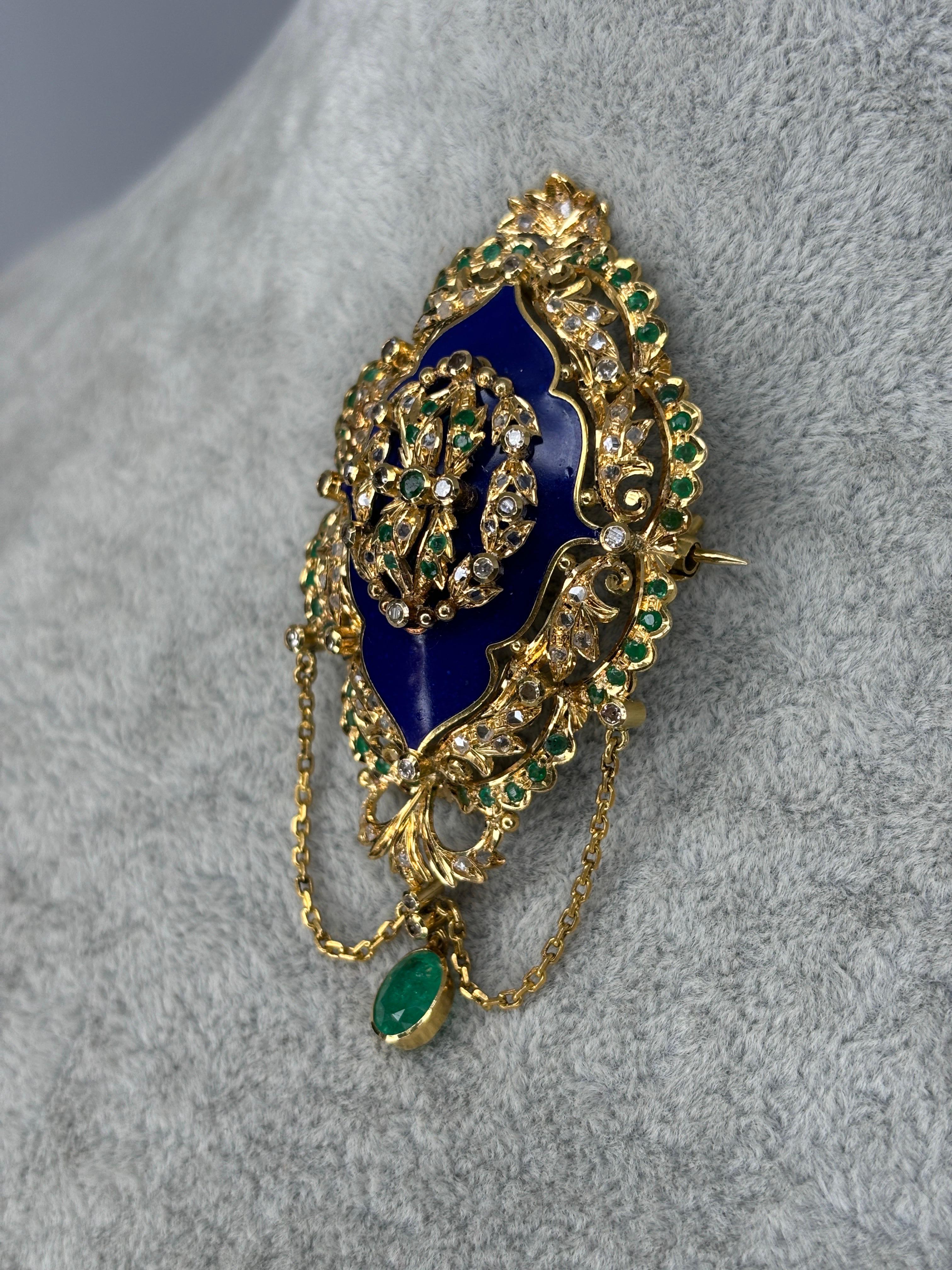 Late Victorian Enameled 14k Gold Brooch With Emerald and Diamond For Sale 9