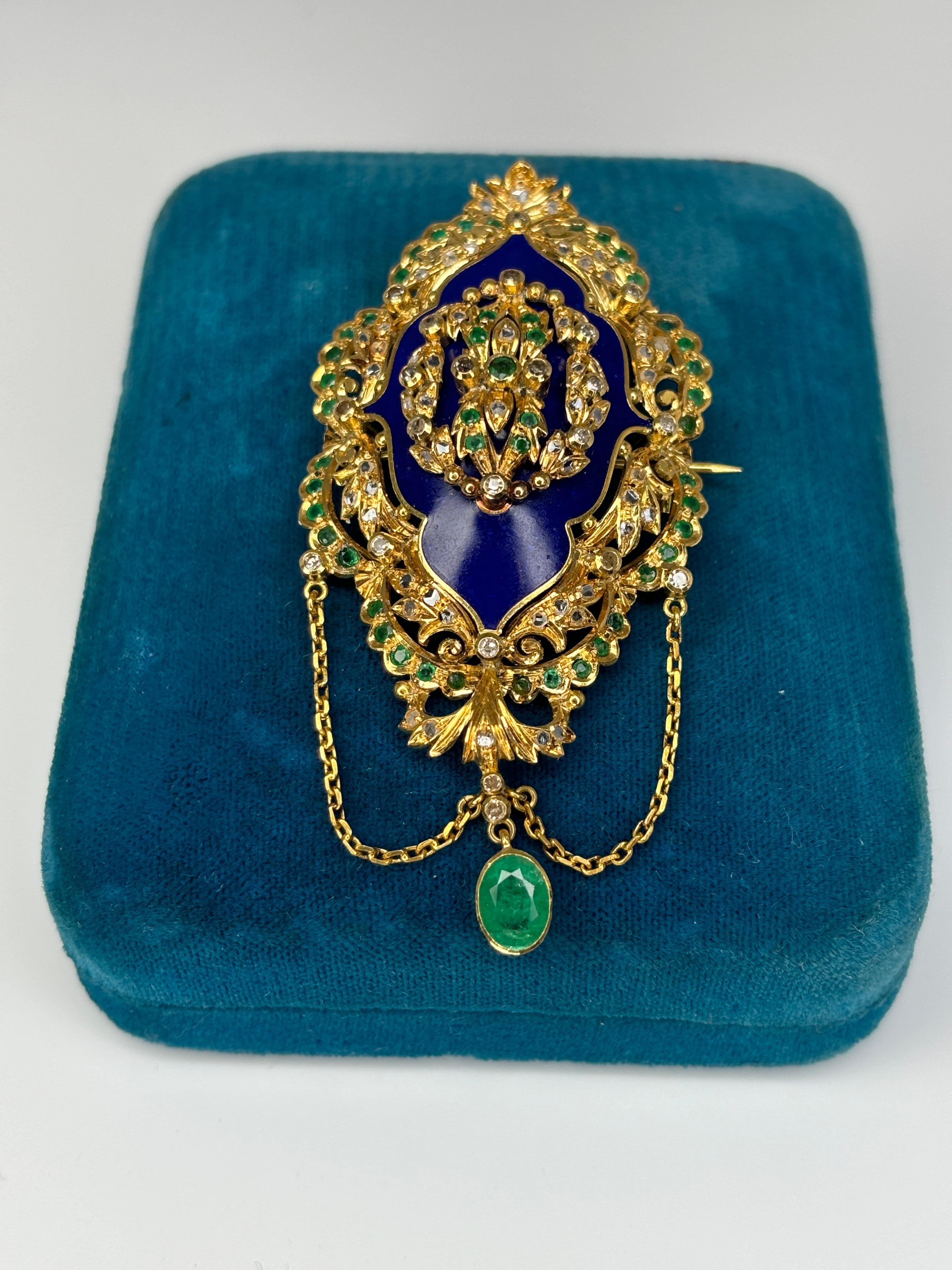 Old European Cut Late Victorian Enameled 14k Gold Brooch With Emerald and Diamond For Sale