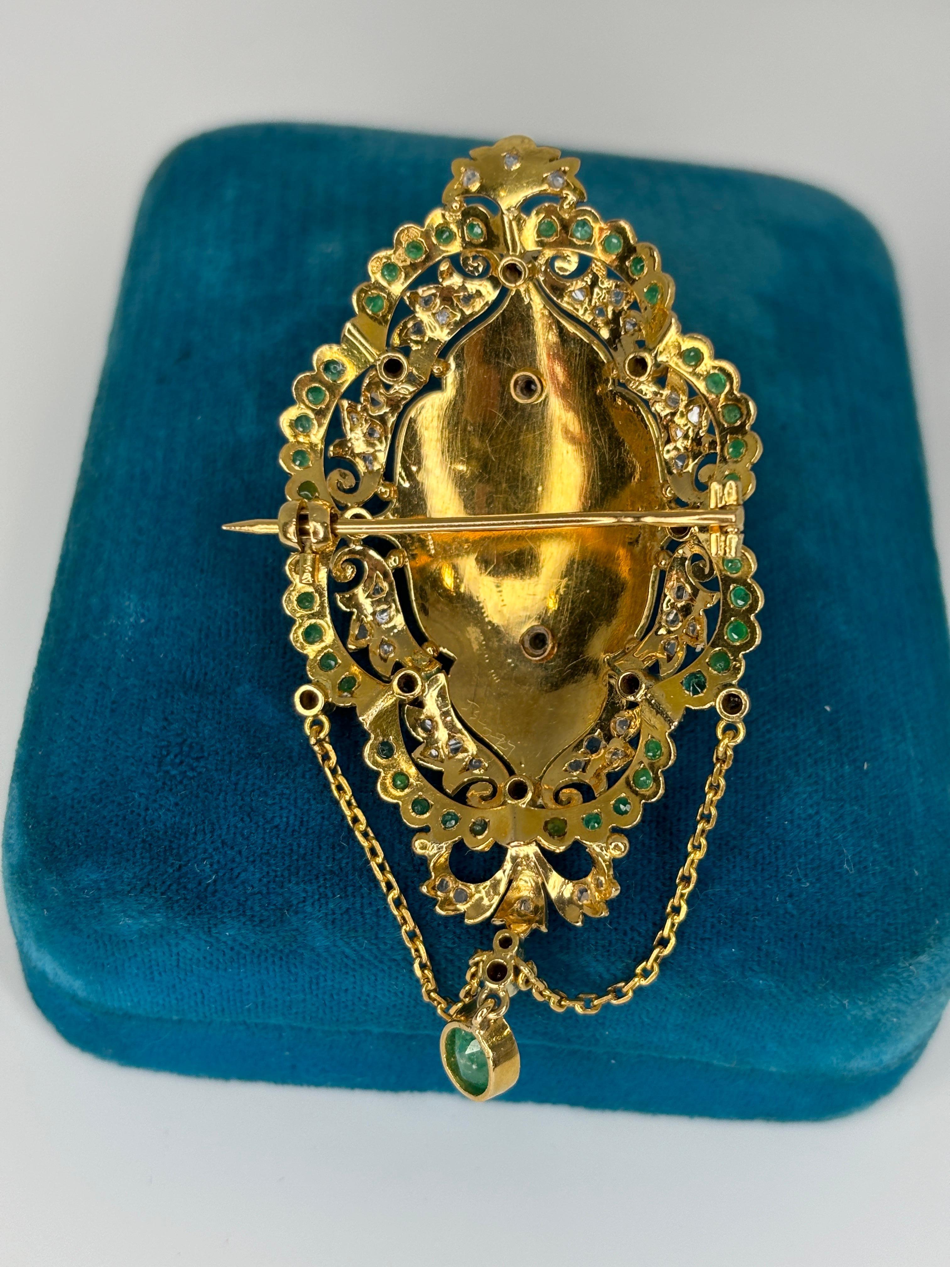 Late Victorian Enameled 14k Gold Brooch With Emerald and Diamond In Good Condition For Sale In Bernardsville, NJ