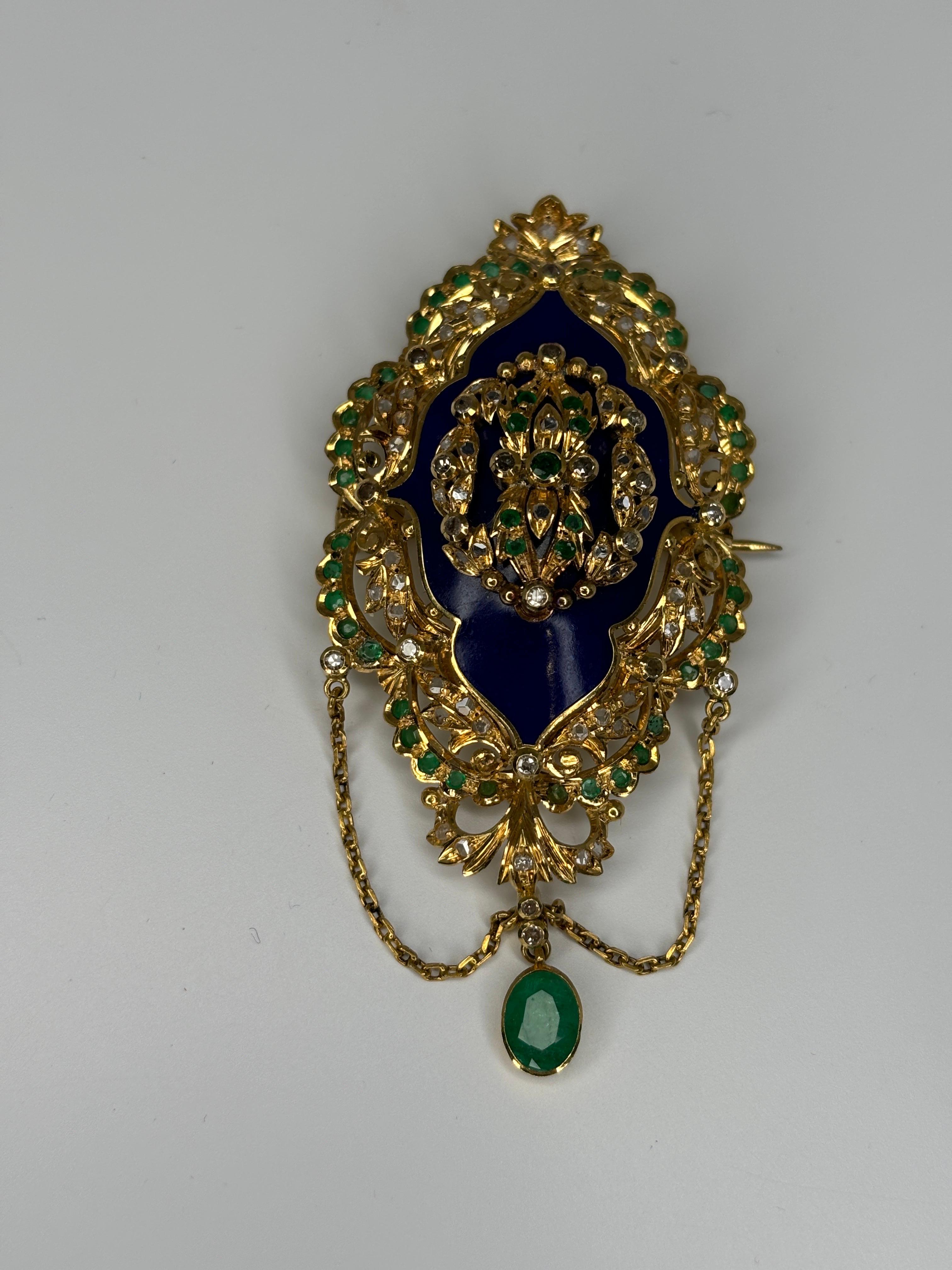 Women's or Men's Late Victorian Enameled 14k Gold Brooch With Emerald and Diamond For Sale