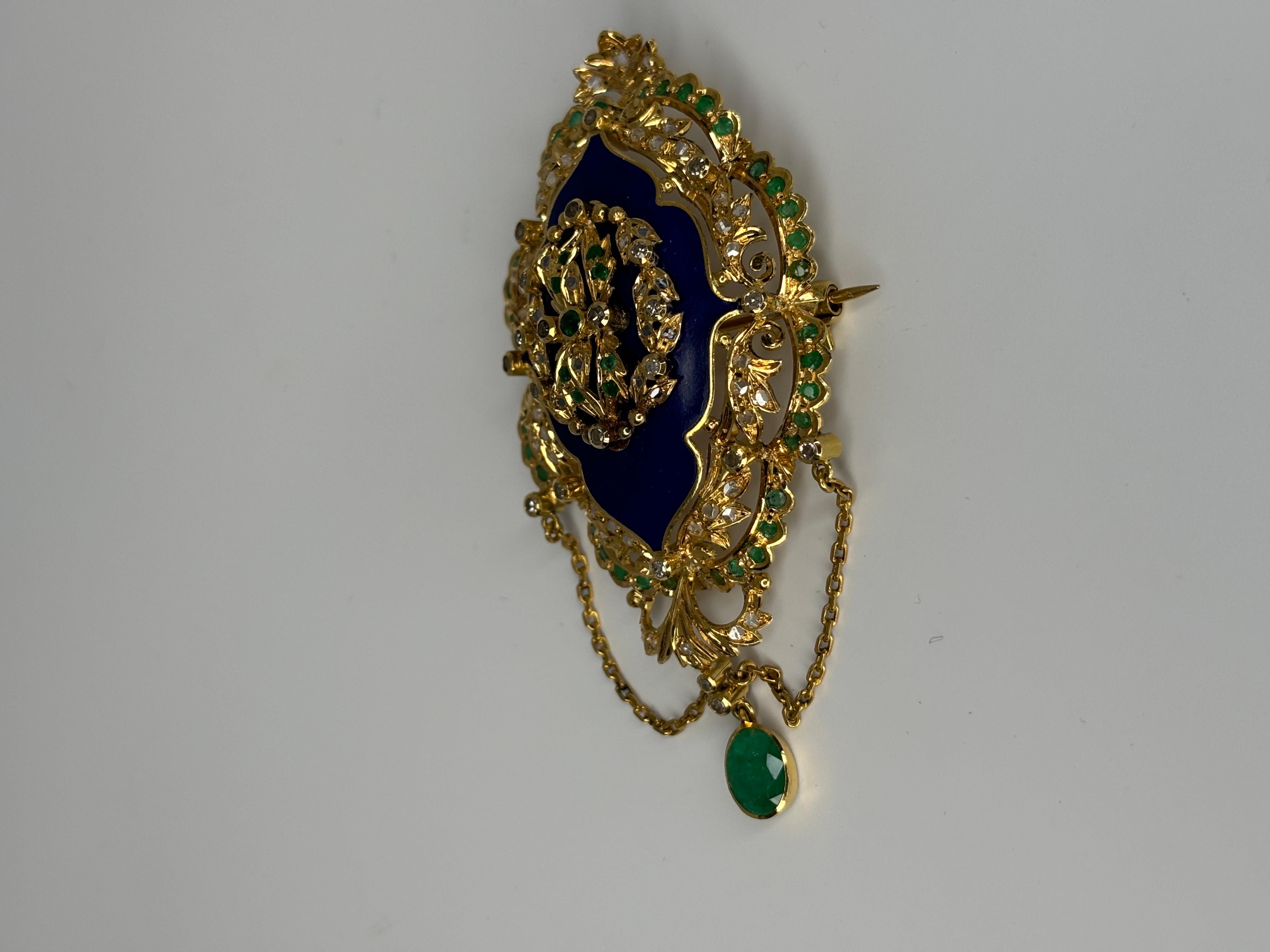 Late Victorian Enameled 14k Gold Brooch With Emerald and Diamond For Sale 1